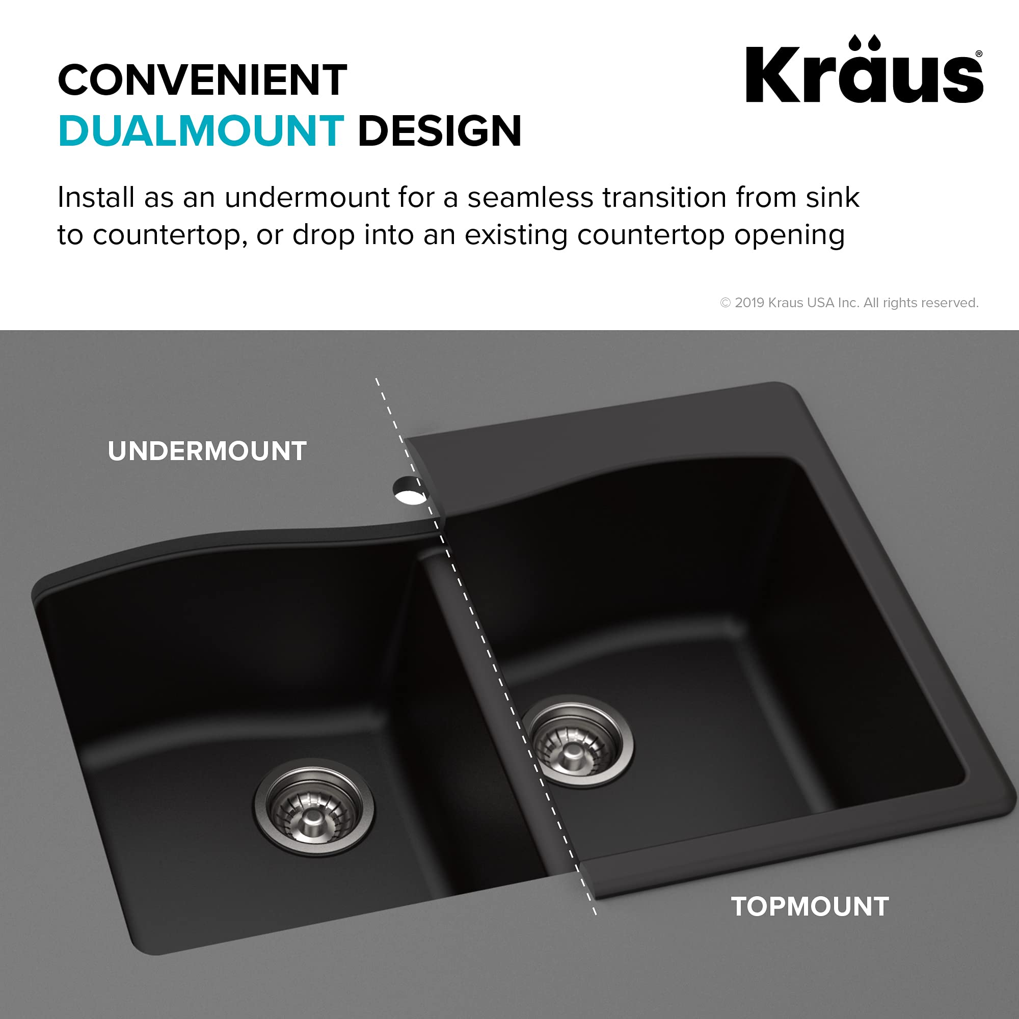 KRAUS Forteza™ 33-Inch Black Granite Dual Mount 60/40 Double Bowl Kitchen Sink with WasteGuard™ Continuous Feed Garbage Disposal (KGD-50BL-100-75MB) - Perfect for Modern Kitchens, Dishwashing, and Food Prep
