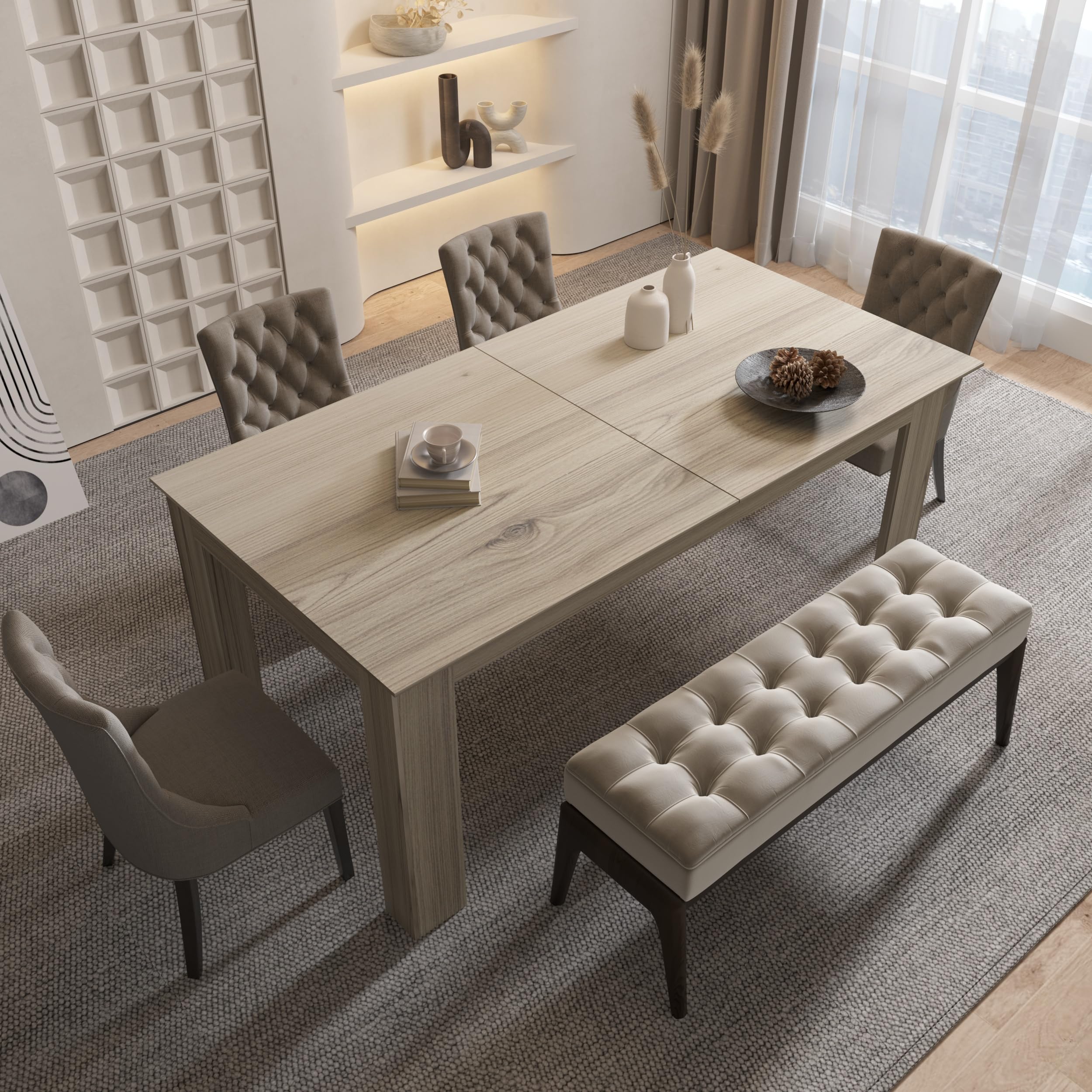 5-7.2FT Extendable Dining Table for 6-8 People - Modern Midcentury Expandable Kitchen Table with Leaf - Space Saving Dining Room Furniture for Small Homes & Apartments - Perfect for Family Dinners & Entertaining Guests