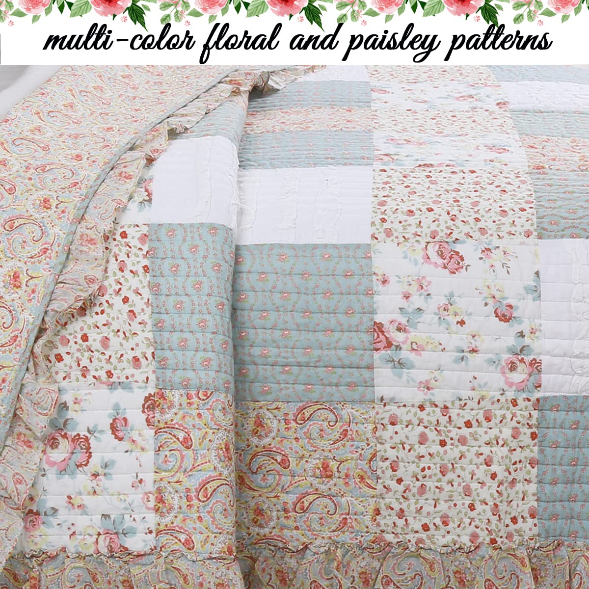 Cozy Line Home Fashions 3-Piece Reversible Queen Quilt Set - Floral & Paisley Patchwork Design in Pink, Blue, Yellow & Green | Perfect for Tea Party, Garden Theme Bedrooms & Boho Chic Home Decor