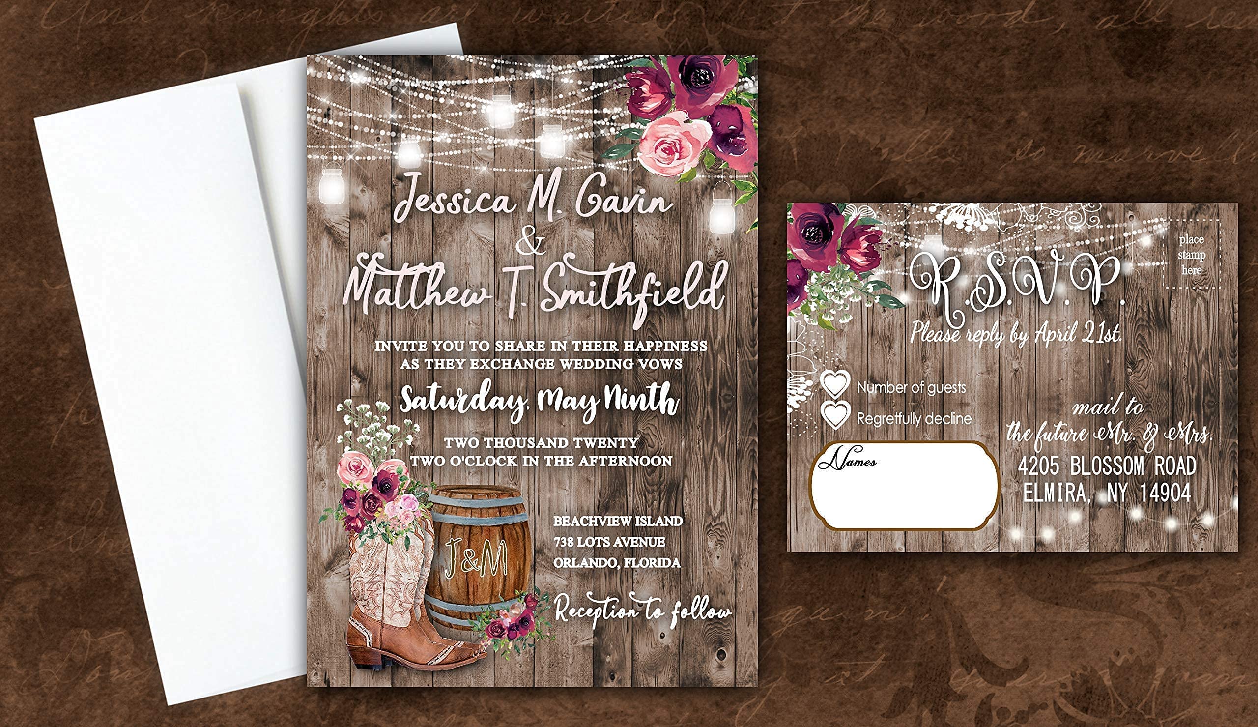 Country Barn Pink Rustic Wedding Invitations Set of 50 With White Envelopes - Cowgirl Cowboy Theme Western Wedding Stationery for Barn Weddings, Country Themed Events & Anniversary Celebrations