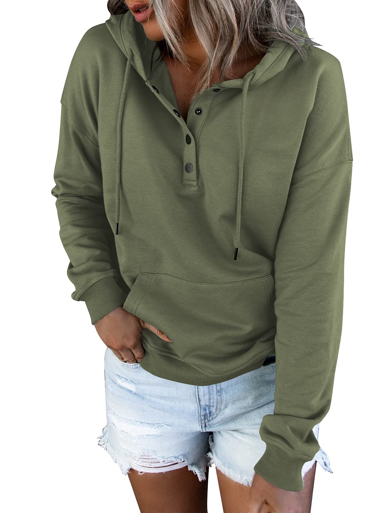 Vivitulip Women's Casual Button Down Long Sleeve Pullover Hoodie with Pocket - Soft Fleece Sweatshirt for Everyday Wear, Lounge & Outdoor Activities