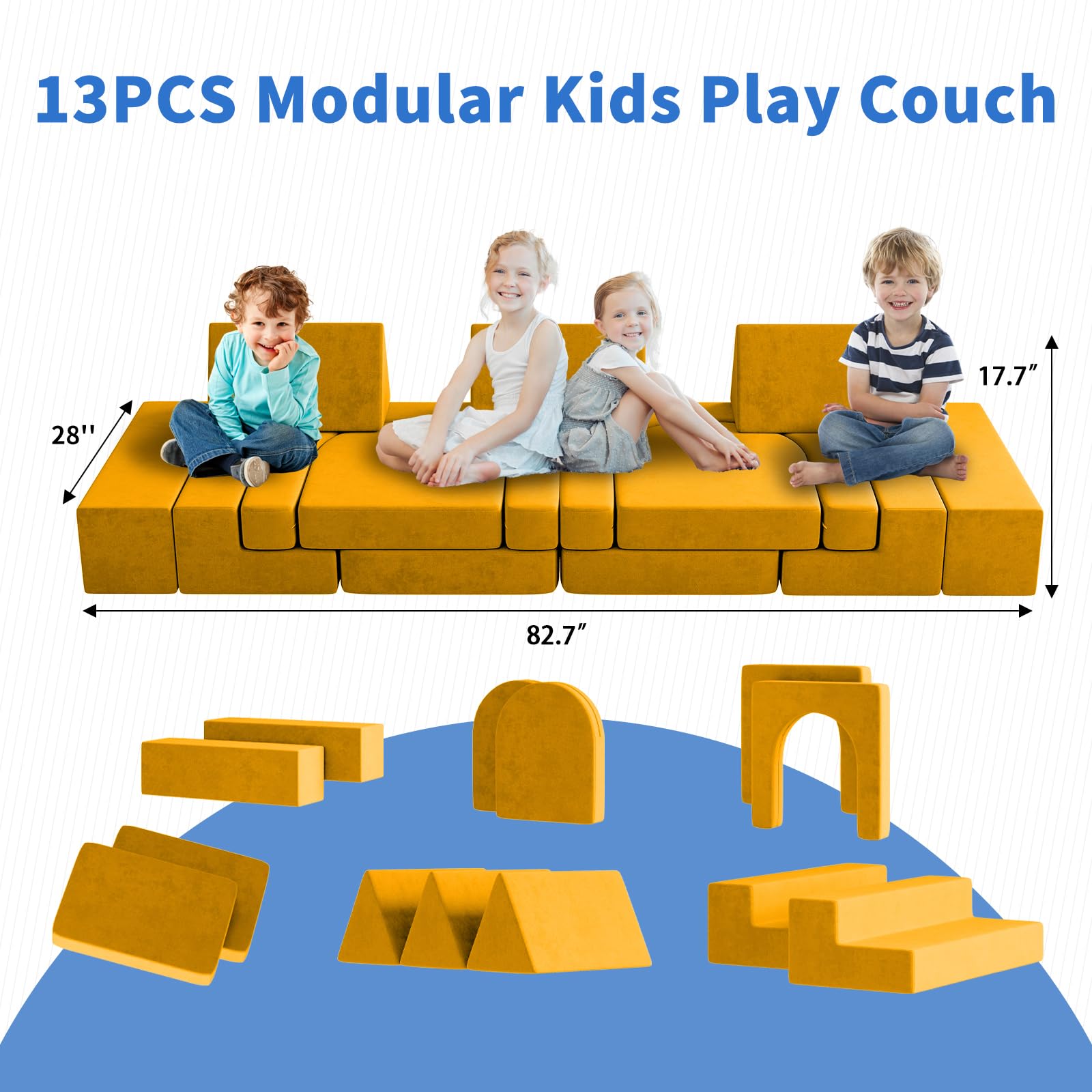 Wanan Modular Kids Play Couch - 13PCS Soft Foam Sectional Sofa for 4 Children, Playroom Furniture for Boys & Girls, Yellow Small (90103) - Perfect for Playrooms, Daycare Centers & Indoor Play Areas