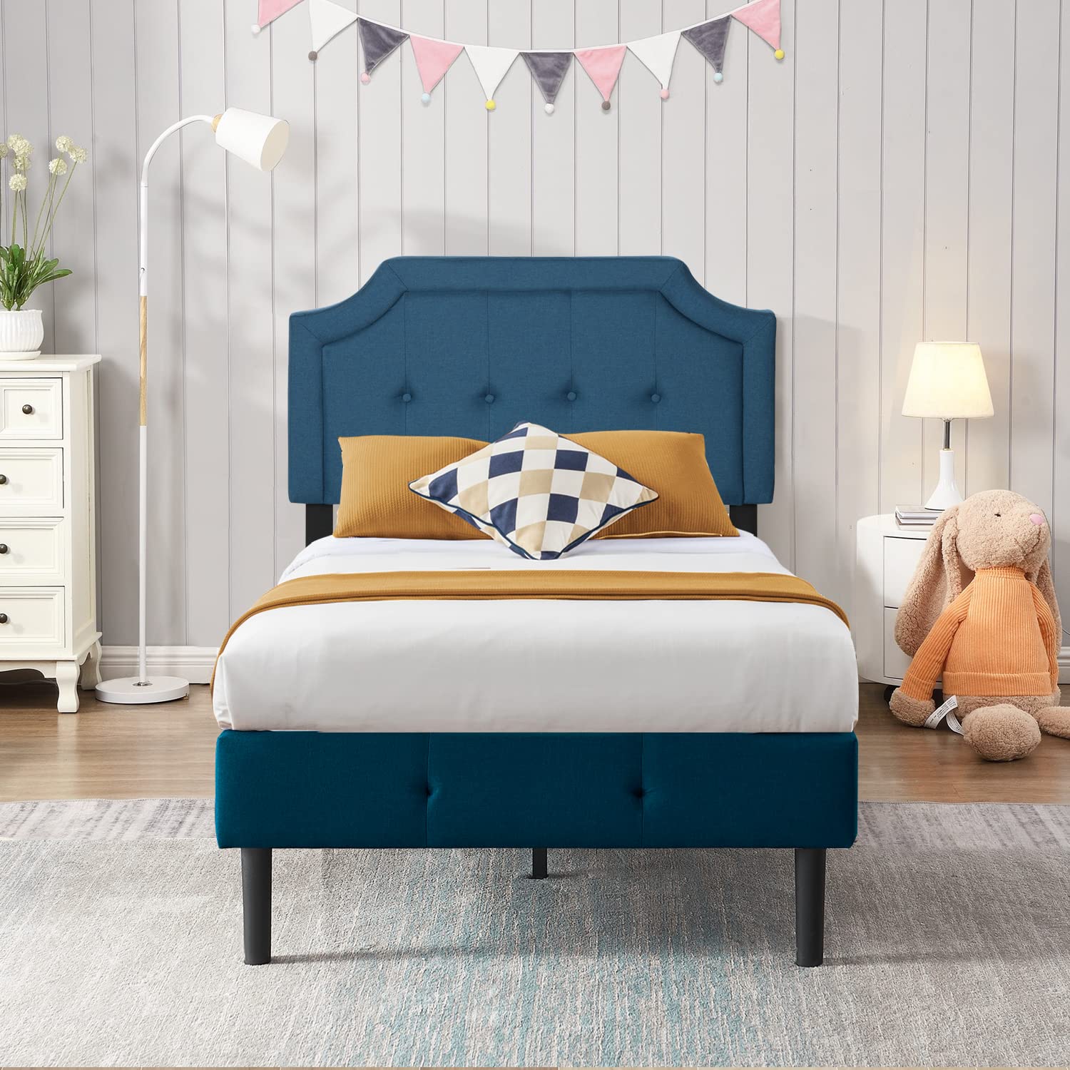 VECELO Premium Upholstered Platform Bed with Diamond Stitched Headboard - Sturdy Metal Frame & 12 Wood Slat Support - Easy Assembly Mattress Foundation for Bedroom, Guest Room, or Dorm