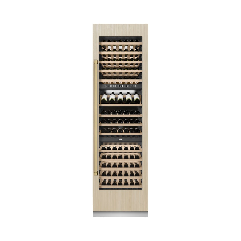 ZLINE Autograph Edition 24 Inch 12.4 Cu Ft Triple Zone 100 Bottle Panel Ready Column Wine Cooler with Champagne Bronze Accents - Perfect for Home Bars, Wine Cellars, and Entertaining Spaces (RBCWVZ 24 CB)