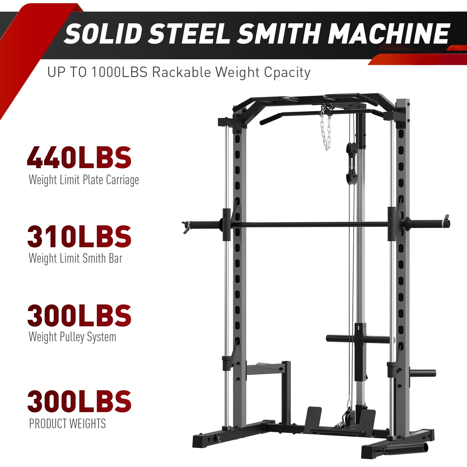 OPPSDECOR 1400LBS Smith Machine Power Rack - Heavy Duty Squat Rack with Smith Bar for Full Body Workout | Home Gym System with LAT Pulldown, Cable Crossover & Training Attachments | Perfect for Strength Training, Weight Lifting & Home Fitness