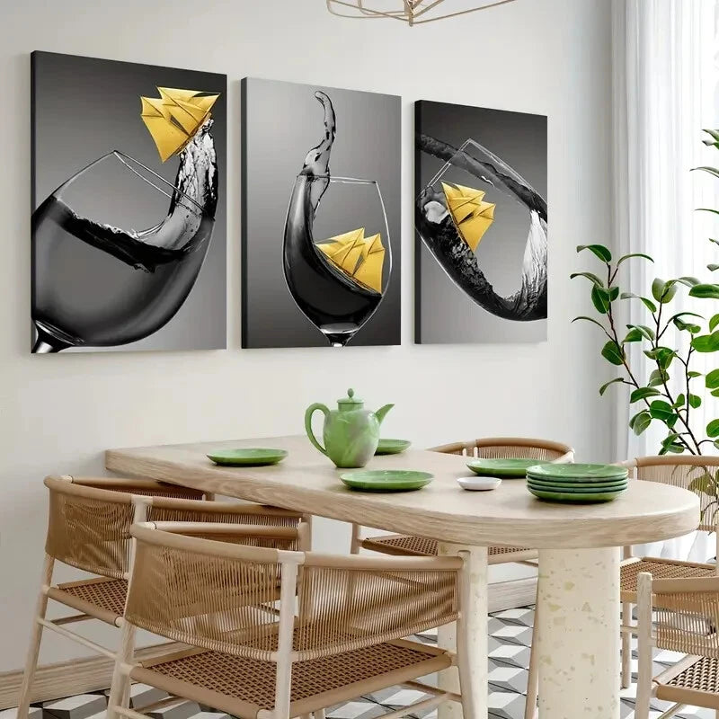 3-Piece Abstract Black & Yellow Wine Glass Wall Art Set - Framed Canvas 40x60cm - High Quality Print - 100% Australian Made - Ready to Hang - Perfect for Living Room, Dining Room & Home Decor