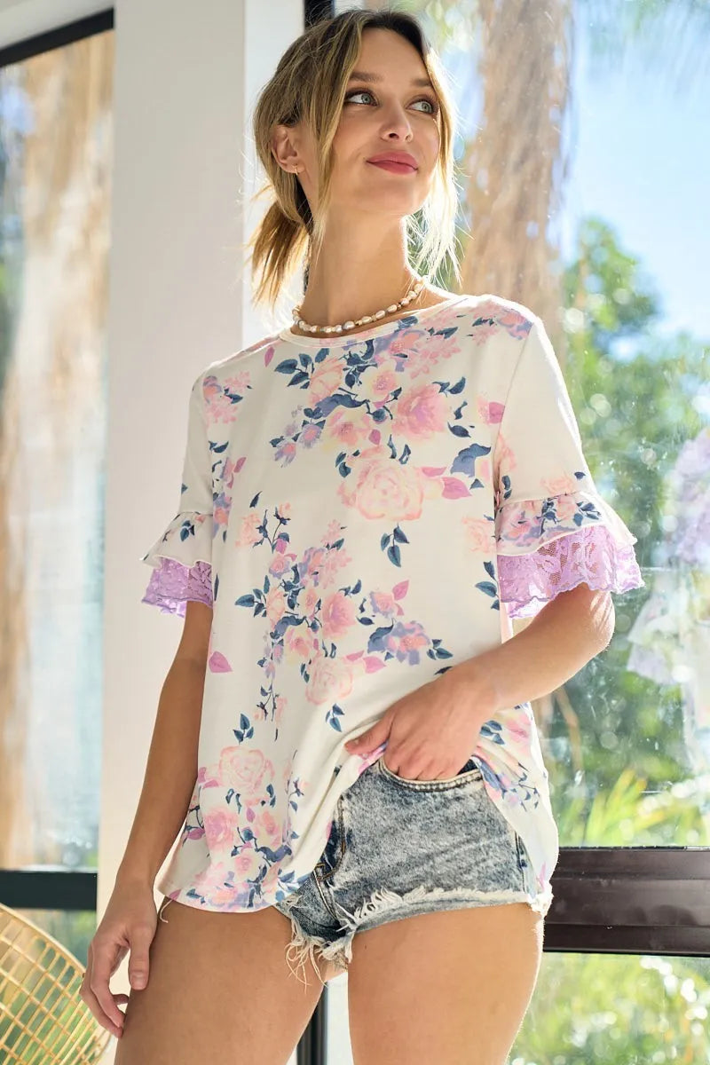 Floral Print French Terry Lace Sleeve Top for Women - Soft & Stylish Blouse for Casual Wear, Date Night & Spring Outfits