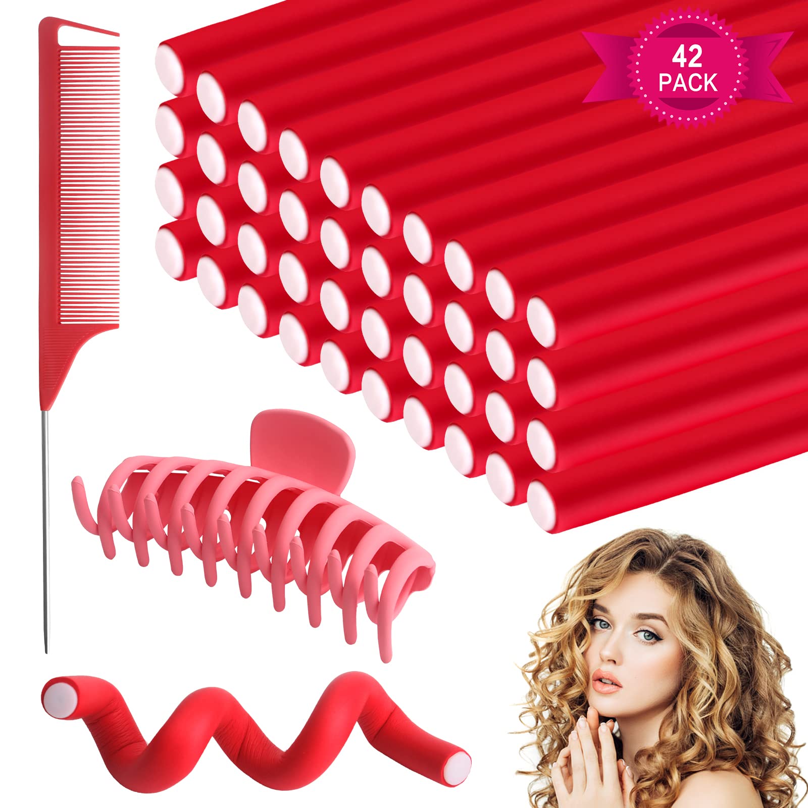 40 PCS No Heat Flexible Foam Hair Curler Rods - Soft Twist Hair Rollers with Comb & Hair Claw for DIY Styling (24x1.2cm) | Salon Quality Curls at Home, Perfect for Beach Waves & Overnight Styling