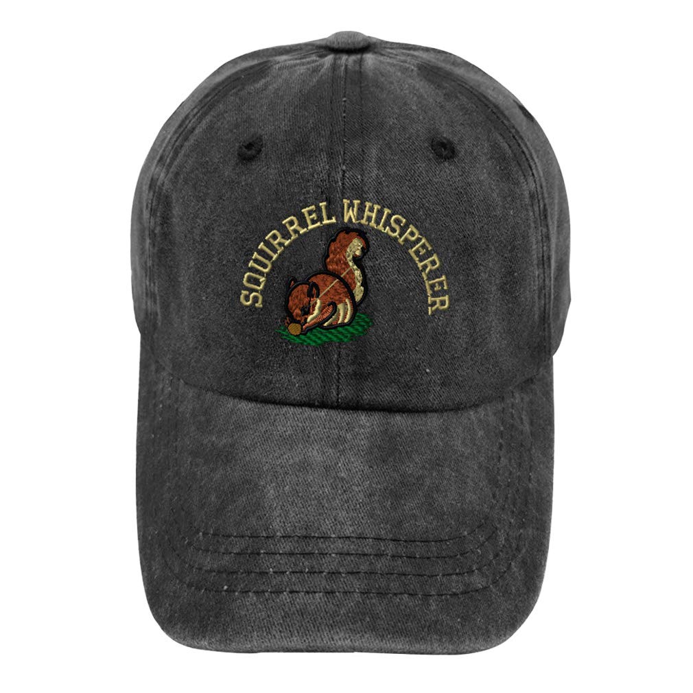 Vintage Washed Cotton Dad Hat with Squirrel Whisperer Embroidery - Adjustable Buckle Closure for Men & Women - Black Outdoor Casual Hat for Hiking, Camping & Streetwear Fashion