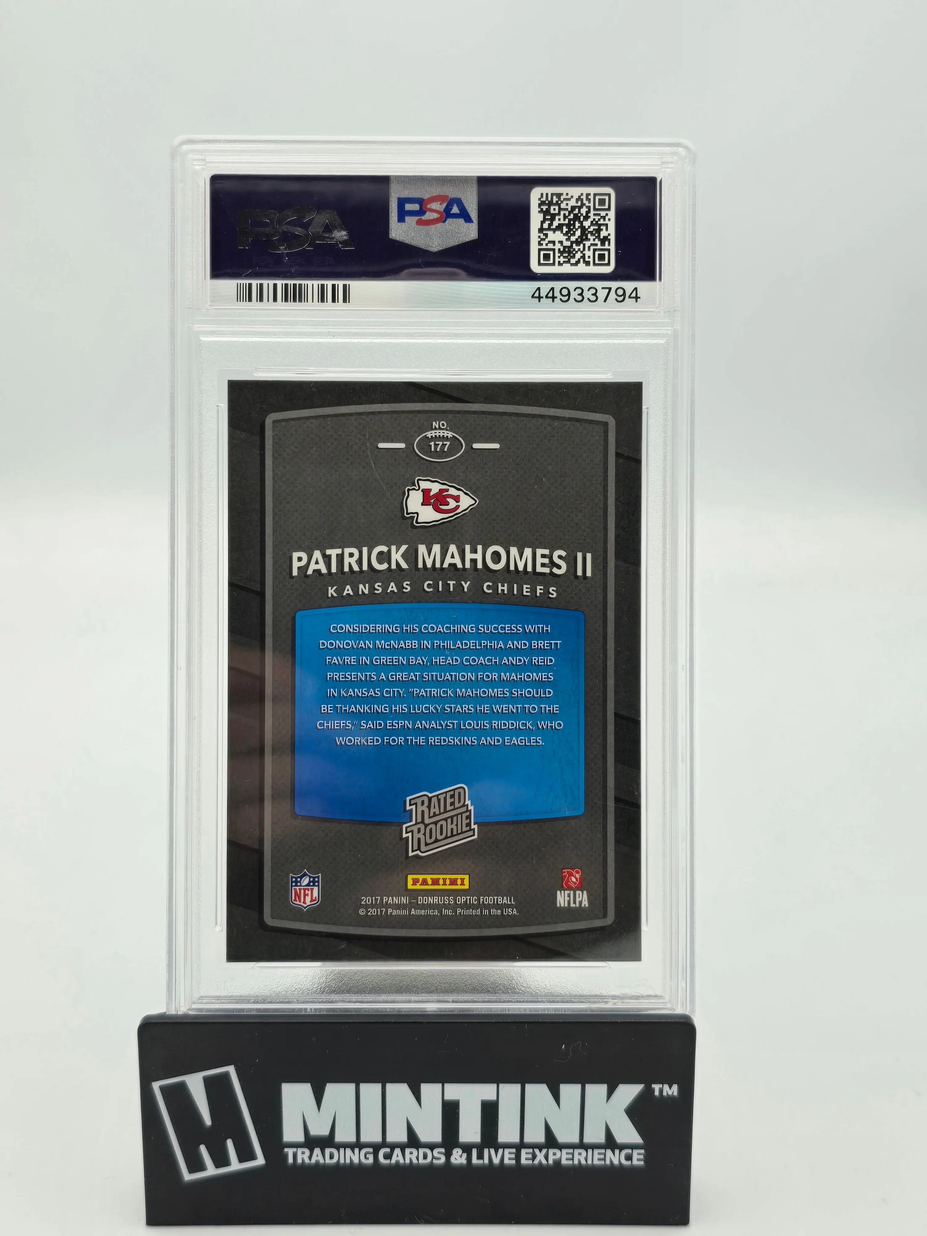 2017 Panini Donruss Optic Patrick Mahomes II Rated Rookie PSA 10 #177 Football Card - Mint Condition Collectible for Sports Memorabilia & Investment