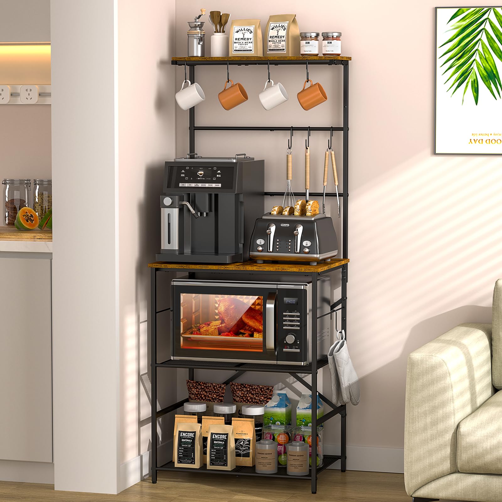 4-Tier Coffee Bar Station with 8 S-Shaped Hooks - Farmhouse Style Kitchen Baker's Rack - 24.41