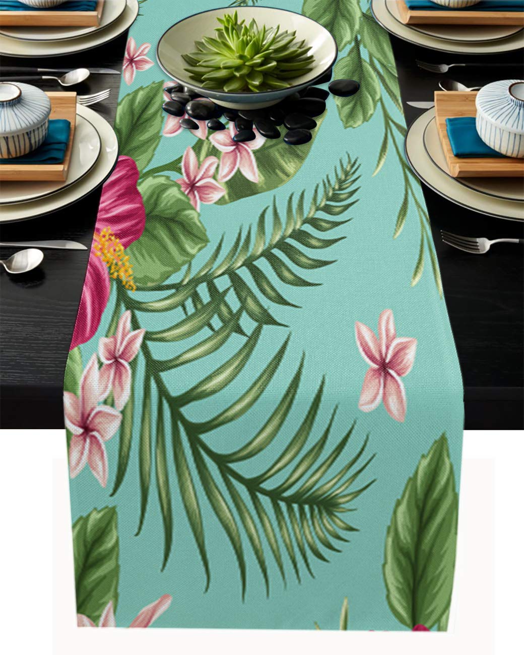 Tropical Floral Linen Burlap Table Runner - 13x70 Inch Green Kitchen Decor for Dinner Party, Holiday Celebration & Summer Home Decor | Perfect for Dining Table, Buffet, Dresser & Outdoor Entertaining