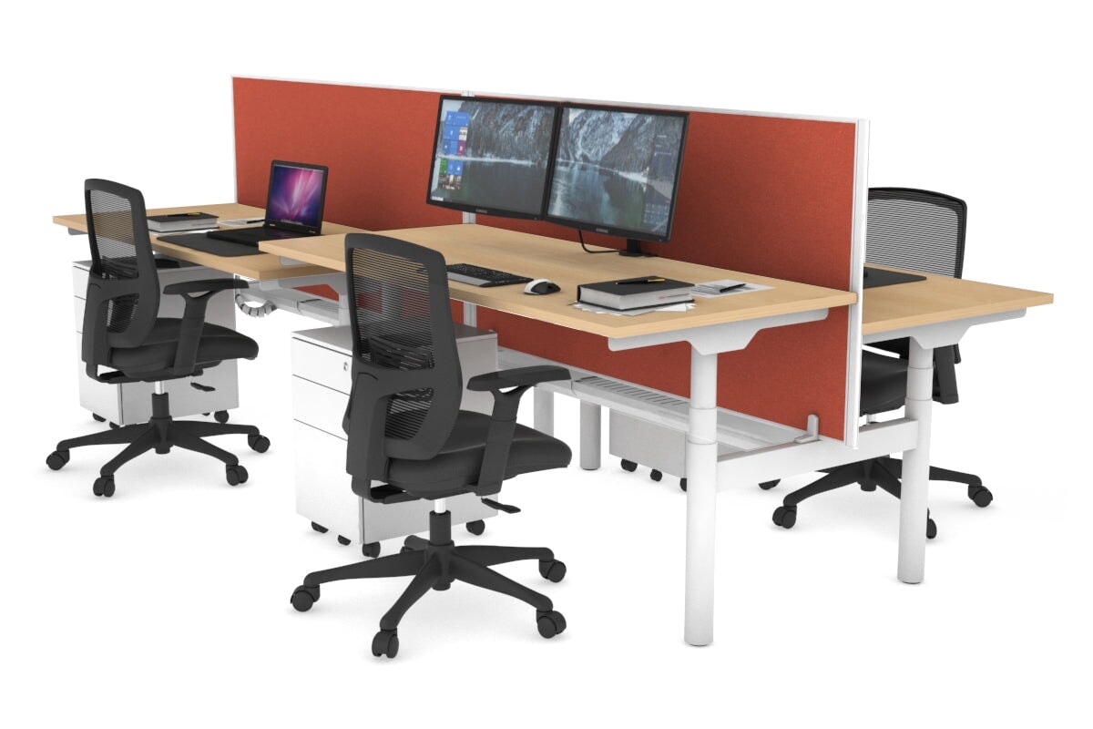 Flexi Premium Height Adjustable 4-Person H Bench Workstation - White Frame [1400L x 700W] - Ergonomic Office Desk for Collaborative Workspaces & Coworking Environments
