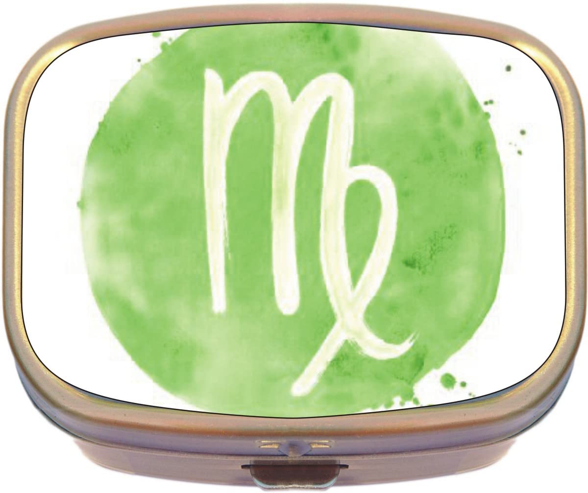 Elegant Virgo Zodiac Brass Rectangle Pill Box - Perfect for Daily Medication, Travel & Organizing Small Items - Watercolor Design