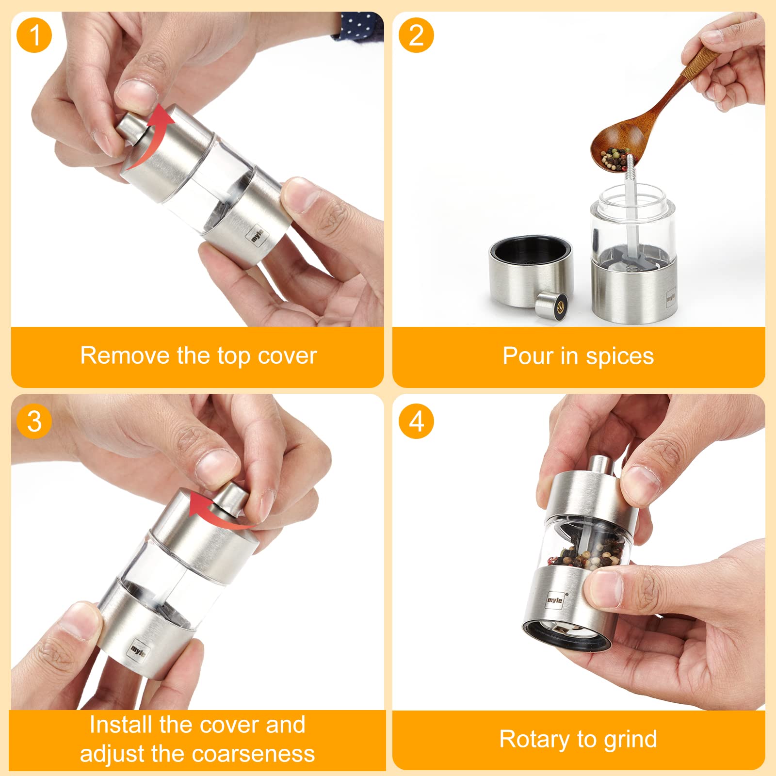Premium Stainless Steel Salt and Pepper Grinder Set - Adjustable Ceramic Core, Refillable & Portable for Kitchen, BBQ, Picnic, RV, Restaurants, and Outdoor Parties
