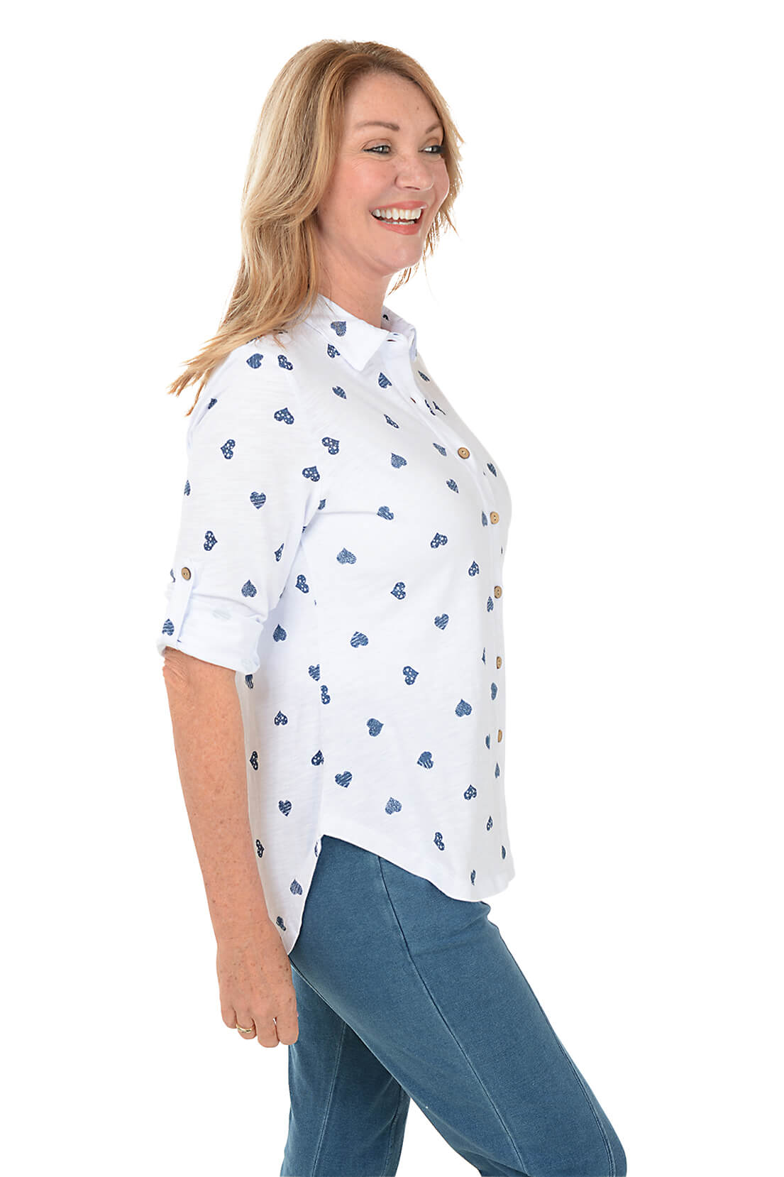 Denim Hearts High Low Button Front Top - Stylish Casual Blouse for Women | Perfect for Date Night, Office Wear & Weekend Outfits