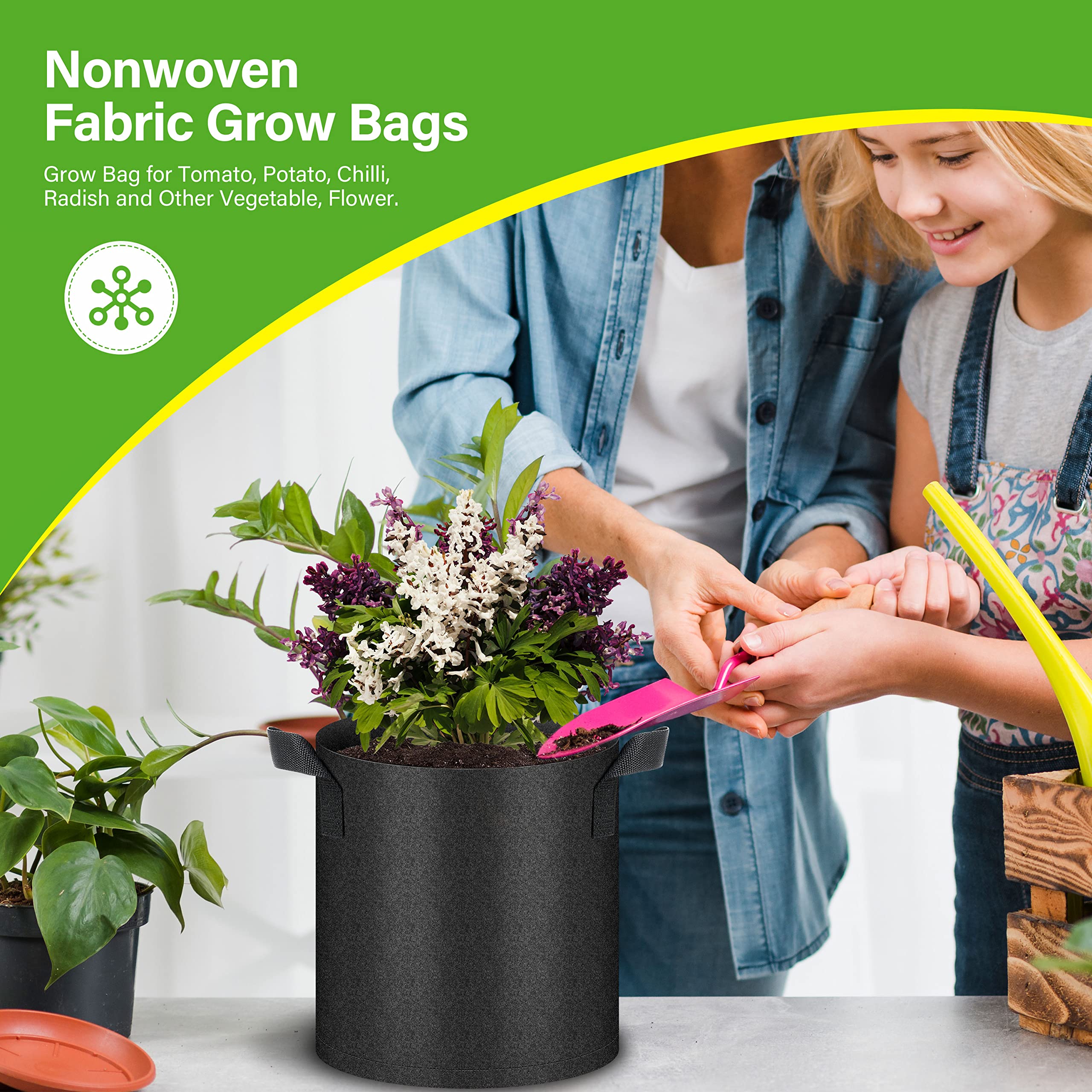 HealSmart 6-Pack 2 Gallon Nonwoven Fabric Grow Bags with Handles - Breathable Plant Pots for Vegetables, Fruits, Flowers & Herbs - Ideal for Indoor/Outdoor Gardening, Balcony Planting & Urban Farming (Black)