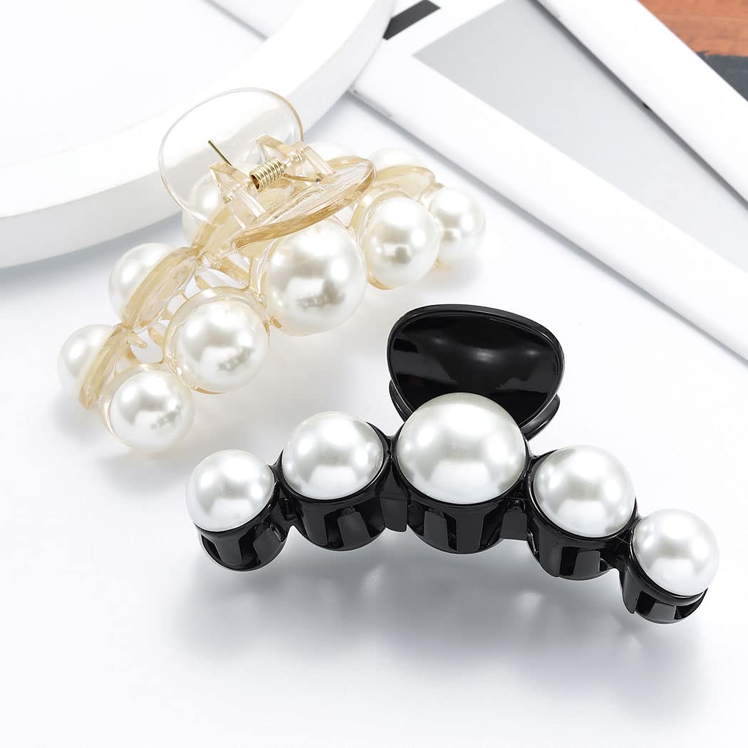 Runmi Pearl Hair Claw Clips for Women - 2PCS French Design Large Hair Clips with Pearl Accents, Black Hair Accessories for Women & Girls | Perfect for Updos, Ponytails & Everyday Hairstyles