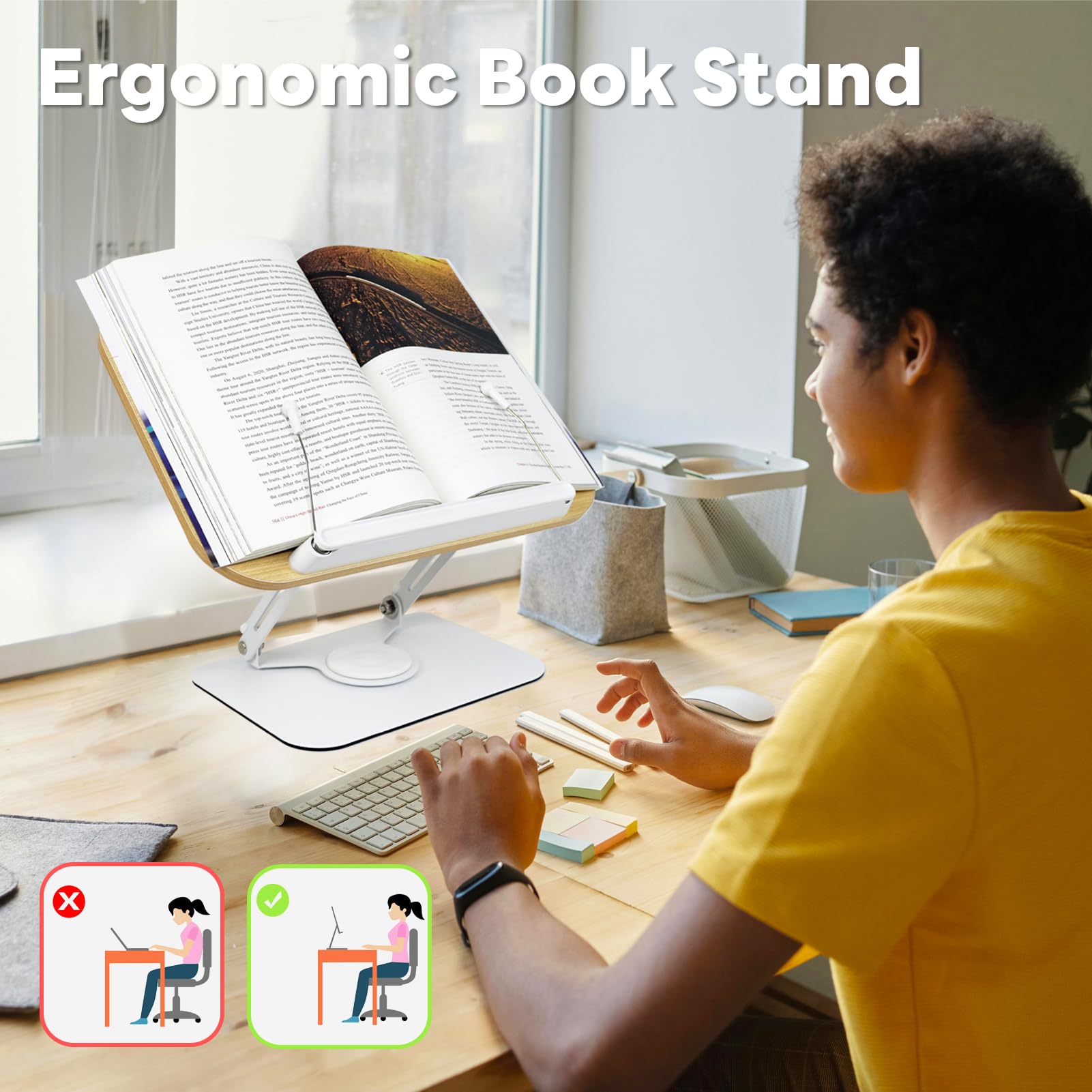 Adjustable Wooden Book Stand for Hands-Free Reading - 360° Swivel Base Desktop Book Holder for Cookbooks, Textbooks, Tablets & Laptops - Perfect for Kitchen, Office, Study & Art Studio Use