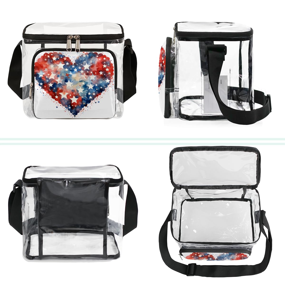 GzLeyigou Transparent Heart Print Clear Tote Bag with Handles - Star Pattern Crossbody Shoulder Bag for Lunch, Outdoor Activities, Travel, Picnics, Concerts & Sports Events (Stadium Approved) - Perfect for Beach Days, Music Festivals and Shopping Trips