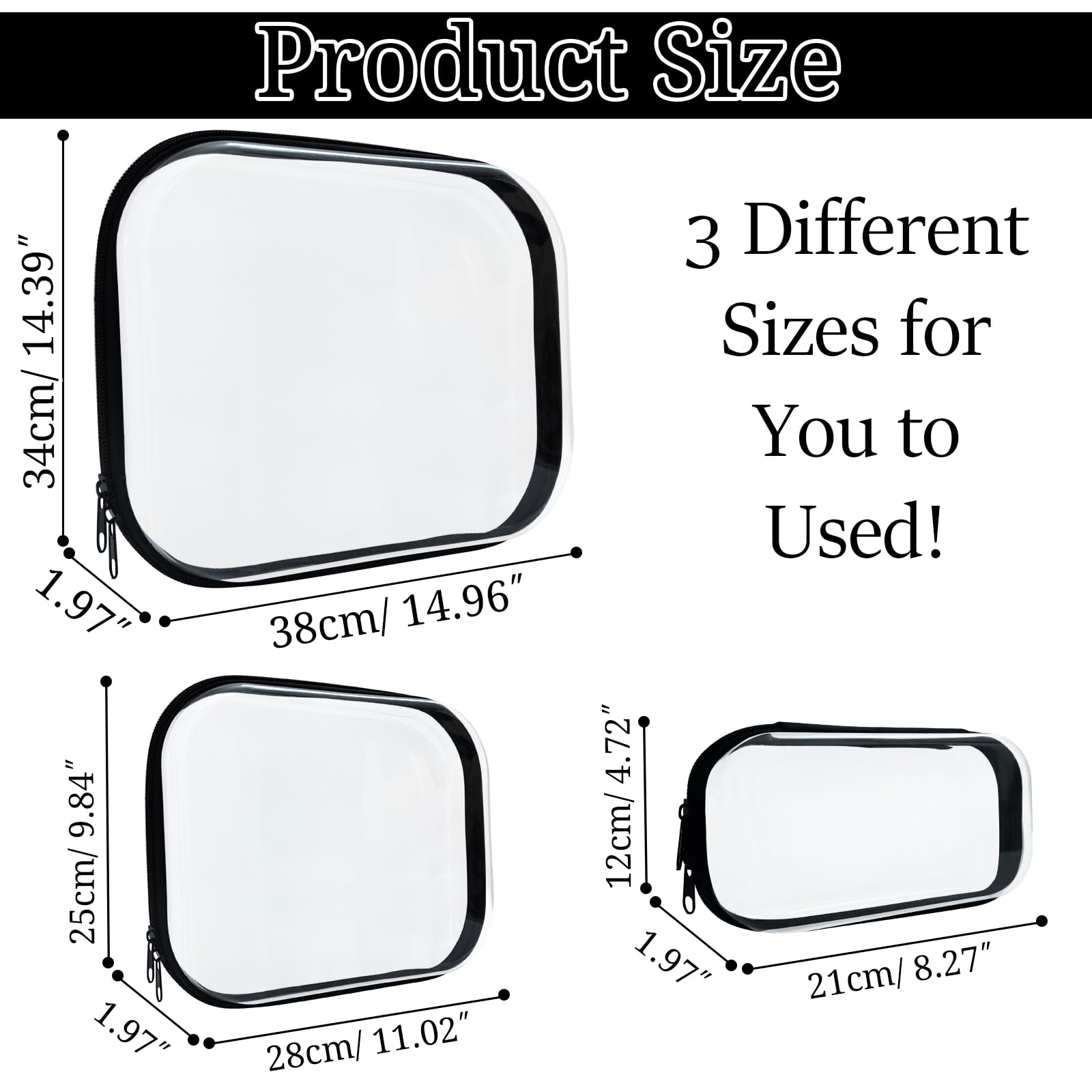 3-Pack Clear Hard Shell Zipper Cases - Transparent Plastic Makeup Bags & Travel Storage Organizers for Cosmetics, Jewelry, Toiletries | Portable Waterproof Pouches for Home, Office & Vacation Use