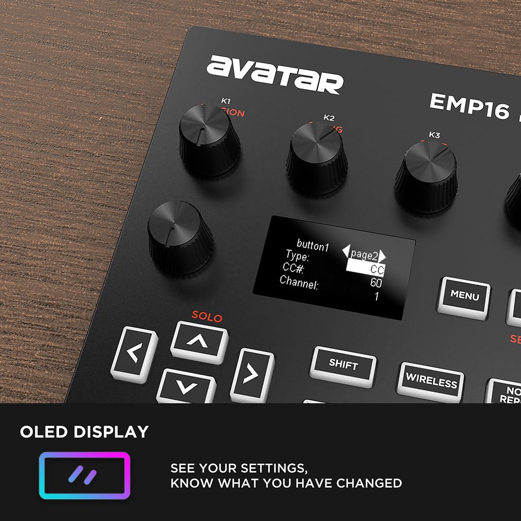 EMP16 MIDI Pad Controller - Bluetooth Beat Maker Machine with 16 RGB Velocity-Sensitive Pads, 16 Levels, Full/Half Level Modes, OLED Display & MIDI In/Out - Perfect for Music Production, Live Performance & DJing