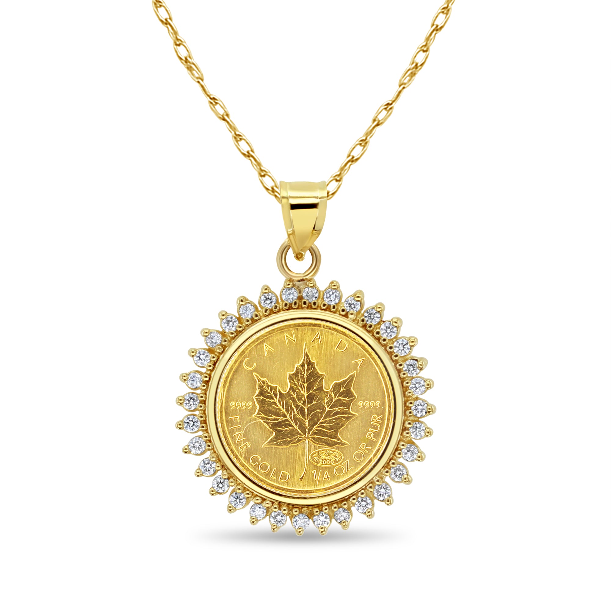1/4 oz Fine Gold Canadian Maple Leaf Diamond Coin Necklace - Elegant Jewelry Gift for Women, Perfect for Anniversaries, Birthdays & Special Occasions