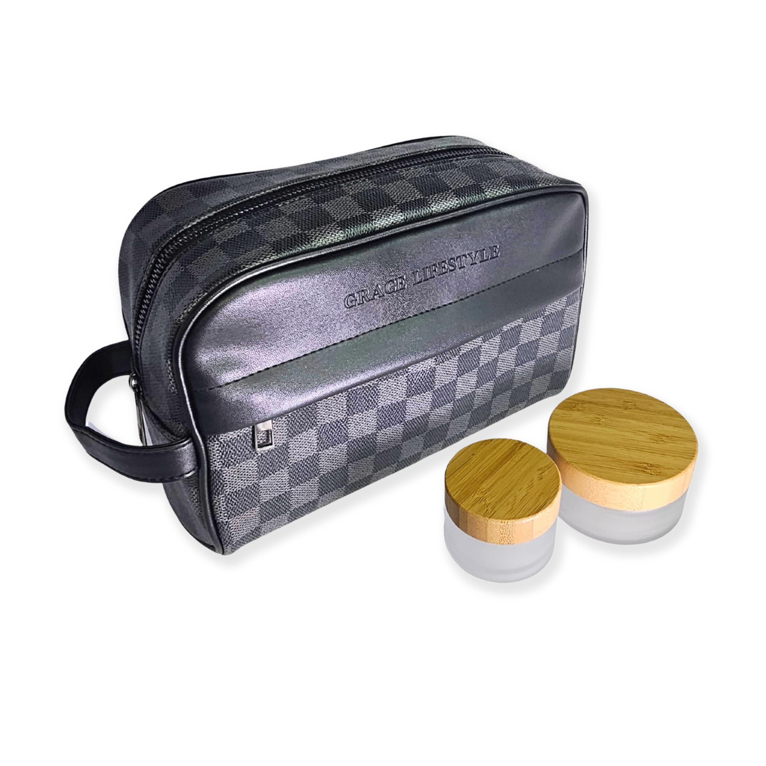 Grace Lifestyle Premium Unisex Travel Toiletry Bag with 2 Leakproof Frosted Glass Jars (100g & 50g) | TSA Approved Carry-on Cosmetic Organizer | Gym & Travel Essential for Men & Women | Perfect for Vacation, Business Trips & Daily Skincare Routine