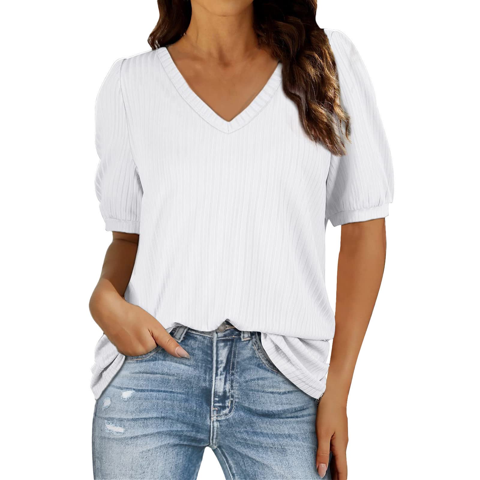 Women's Fashion Puff Sleeve V-Neck T-Shirt - Casual Summer Top for Workout & Everyday Wear (White, Small) | Perfect for Gym, Yoga, and Street Style Outfits