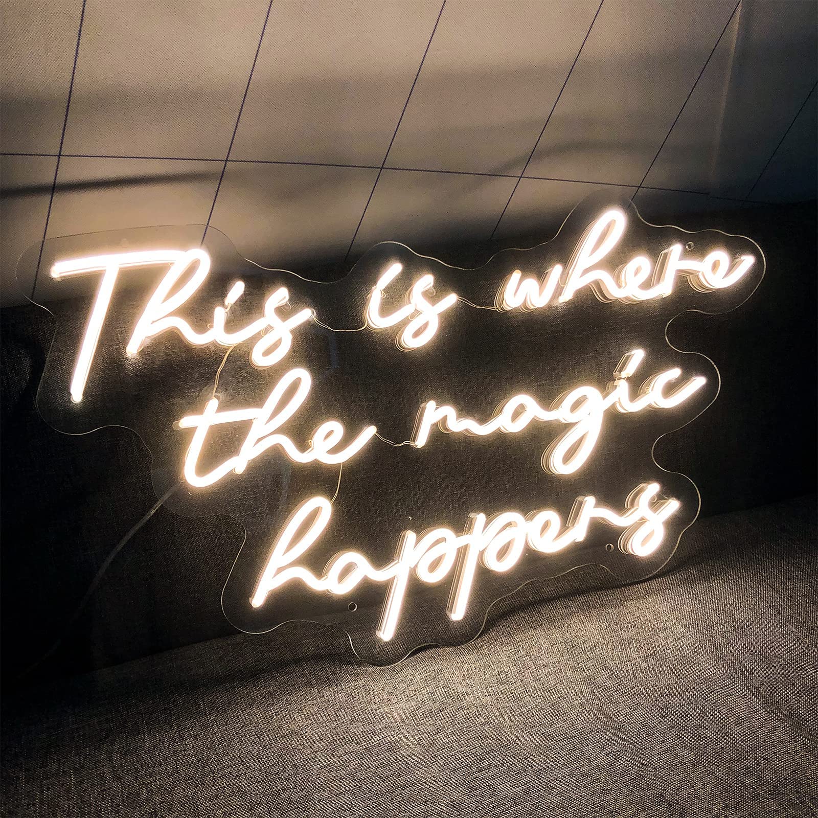 Custom LED Neon Sign 'This is Where The Magic Happens' - 29 Inch Warm White Wall Decor for Bedroom, Bar & Home - Perfect for Birthday, Wedding, Christmas Gifts & Party Decorations | Durable & Energy-Efficient Lighting for Romantic Ambiance, Special Events & Home Decoration