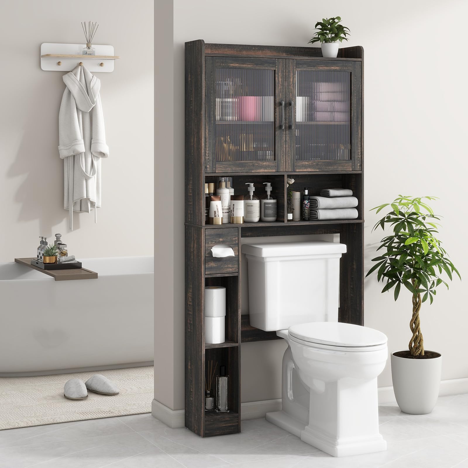 Farmhouse Style Over-The-Toilet Storage Cabinet with 2 Acrylic Wave Doors - Space Saving Bathroom Organizer for Toiletries, Towels & Laundry Supplies - Perfect for Small Bathrooms, Powder Rooms & Apartment Living
