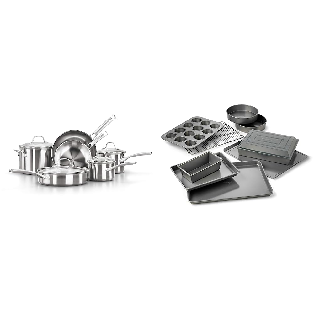 Calphalon 10-Piece Nonstick Cookware and Bakeware Set - Silver Pots, Pans, Baking Sheet, Cookie Sheet, Cake Pans & Muffin Pan - Dishwasher Safe for Easy Cleaning - Perfect for Baking, Roasting & Everyday Cooking