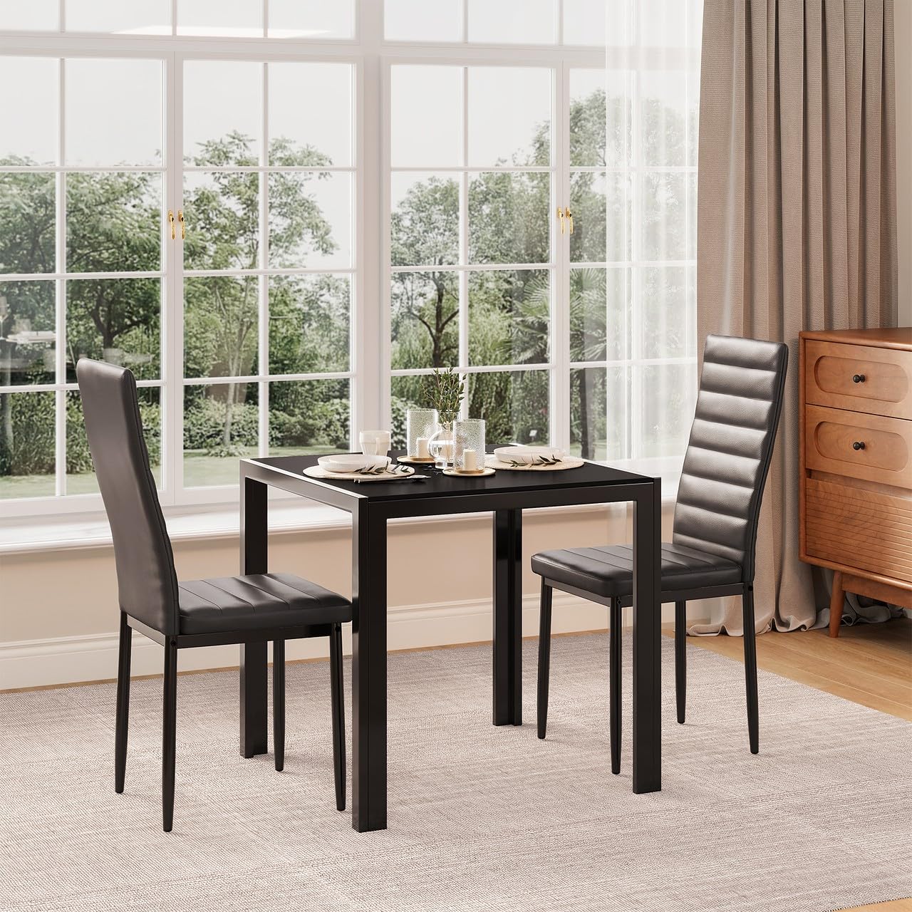 Gizoon 3-Piece Glass Dining Table Set with PU Leather Chairs, Modern Kitchen and Living Room Furniture for 2, Perfect for Small Spaces, Apartments, and Cozy Homes