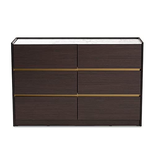 BOWERY HILL 6-Drawer Wood Dresser - Dark Brown with Gold Finish - Elegant Bedroom Storage Furniture for Master Bedroom, Guest Room & Nursery Organization