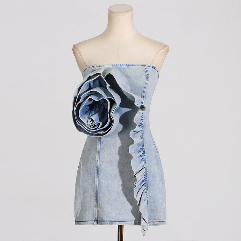 ALISON BLUE RUFFLED TRIM STRAPLESS DENIM MINI DRESS - Women's Fashion Summer Outfit for Beach, Party & Date Night