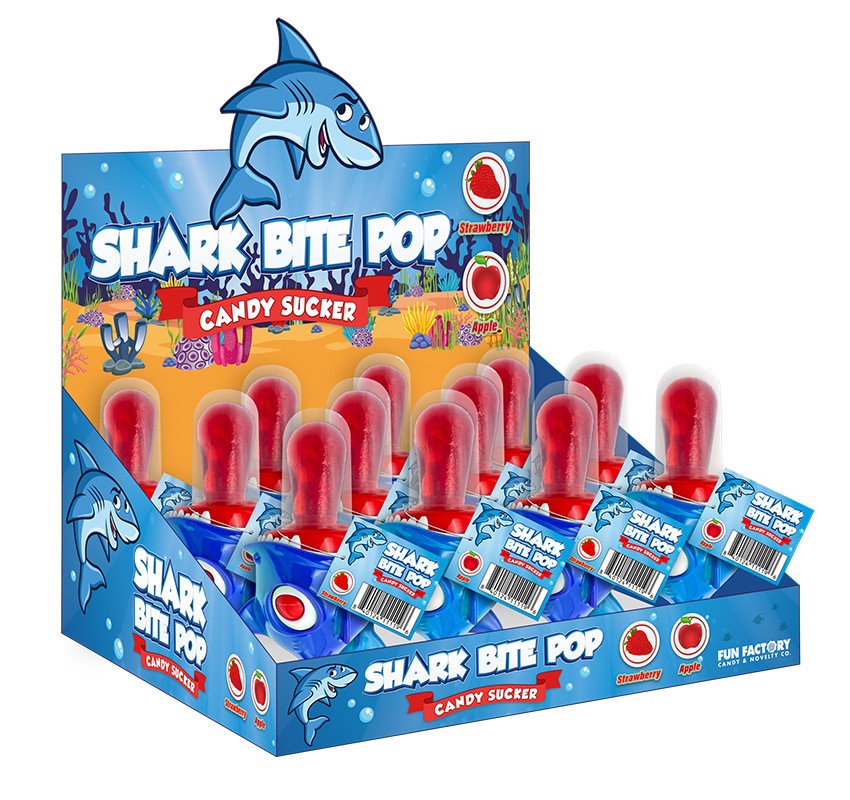 Fun Factory Shark Bite Pops - 12 Count Box of Assorted Flavored Gummy Candies | Perfect for Birthday Parties, Halloween Treats & School Snacks