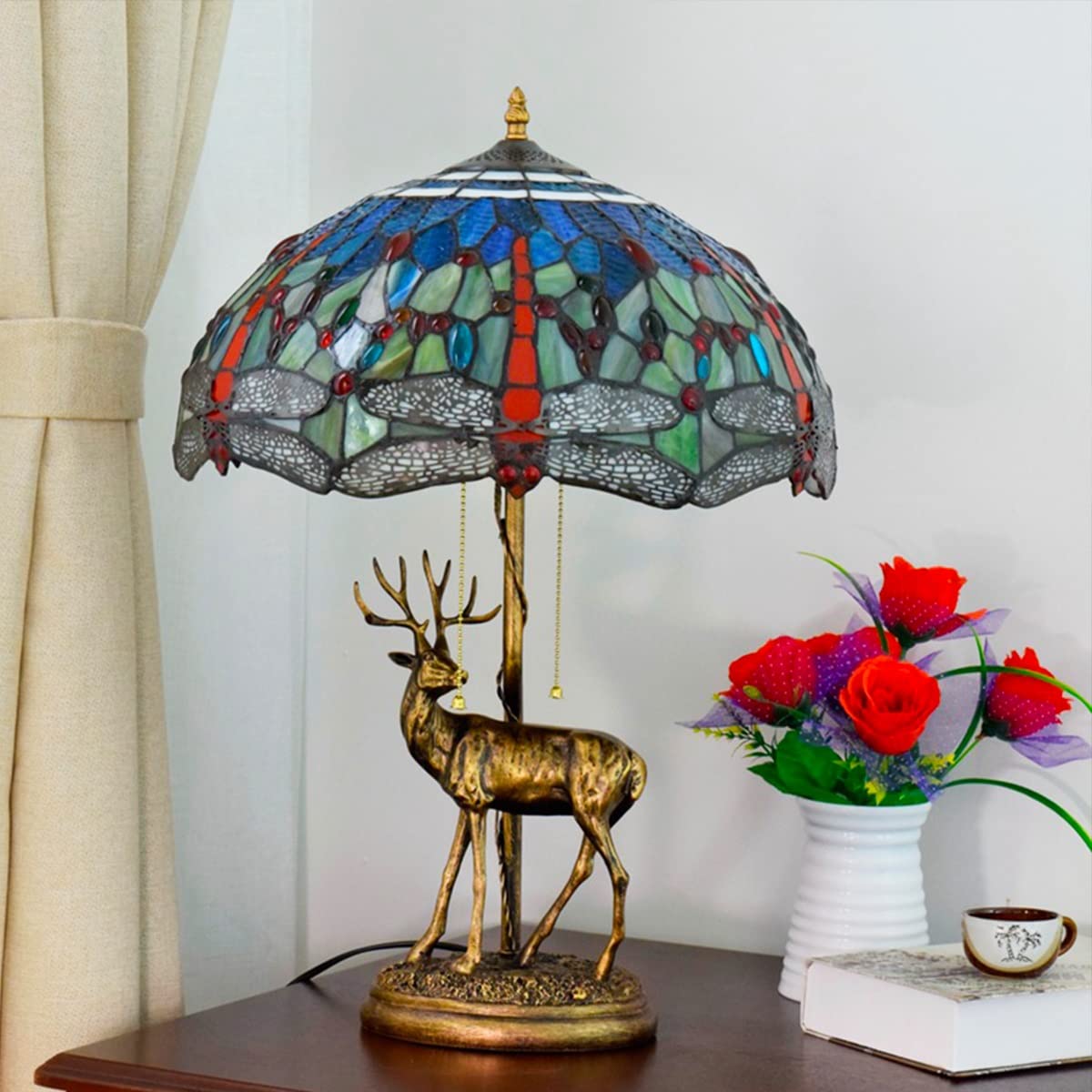 Tiffany Style Dragonfly Table Lamp - Handcrafted Stained Glass Shade with Elk Resin Base - Elegant Living Room Decor, Mediterranean Dining Table Lighting, Cozy Reading Desk Lamp for Home & Office Use