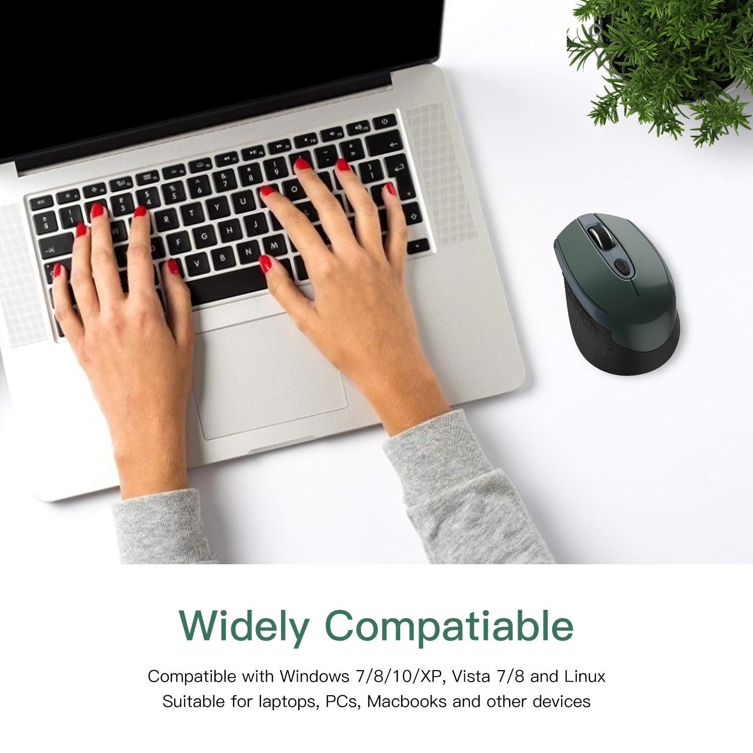 Cimetech Wireless Ergonomic Optical Mouse - 2.4G Silent 6-Button USB Mouse with 3 Adjustable DPI for Laptop, Desktop, Mac, PC - Dark Green | Perfect for Office, Gaming, and Travel