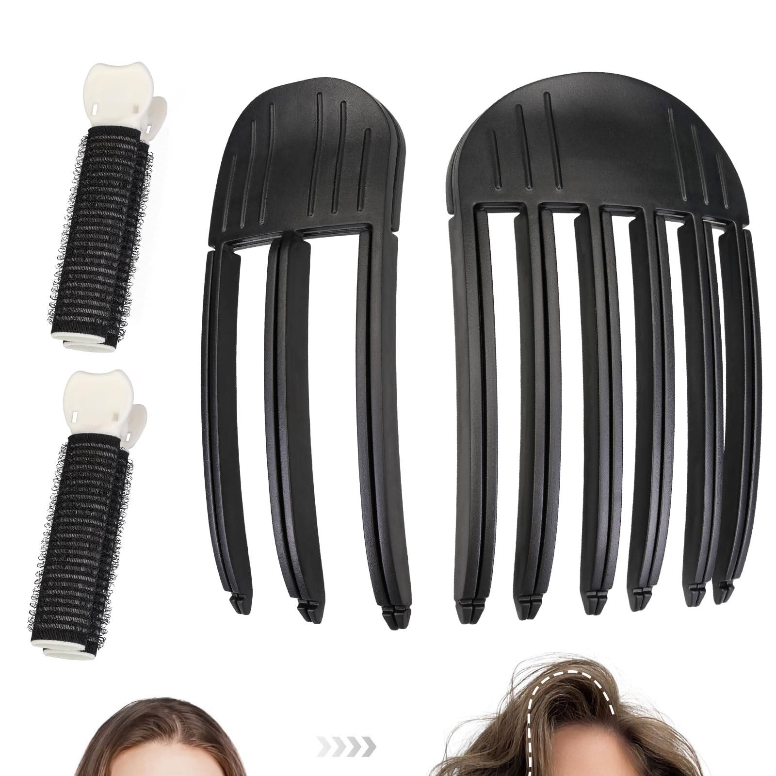 2PCS Wind Shaping Styling Comb for Fluffy Bangs & 2PCS Volume Clips for Hair Roots - No Trace Teeth High Skull Hair Clips for Voluminous Hairstyles - Perfect for Styling, Curling & Creating Fluffy Bangs (Black)