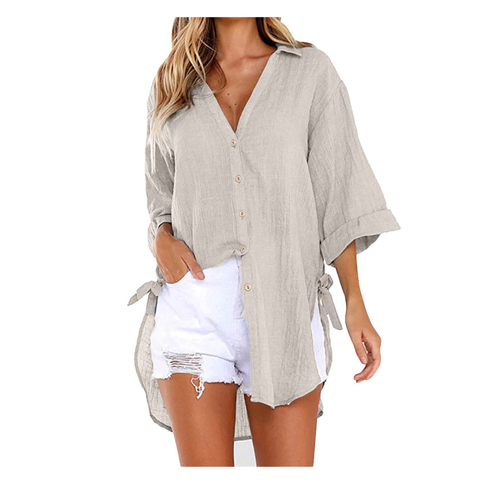 Women's Linen High-Low Oversized V-Neck Button Down Blouse - 3/4 Sleeve Casual Vintage T-Shirt for Summer, Beach & Boho Style Outfits