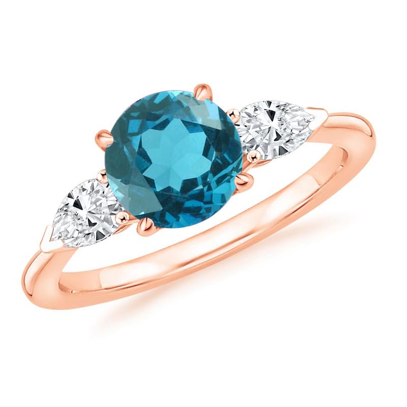 14K Rose Gold London Blue Topaz and White Diamond 3-Stone Engagement Ring for Women | Round & Pear Cut Bridal Proposal Ring | Perfect for Weddings, Anniversaries & Special Occasions