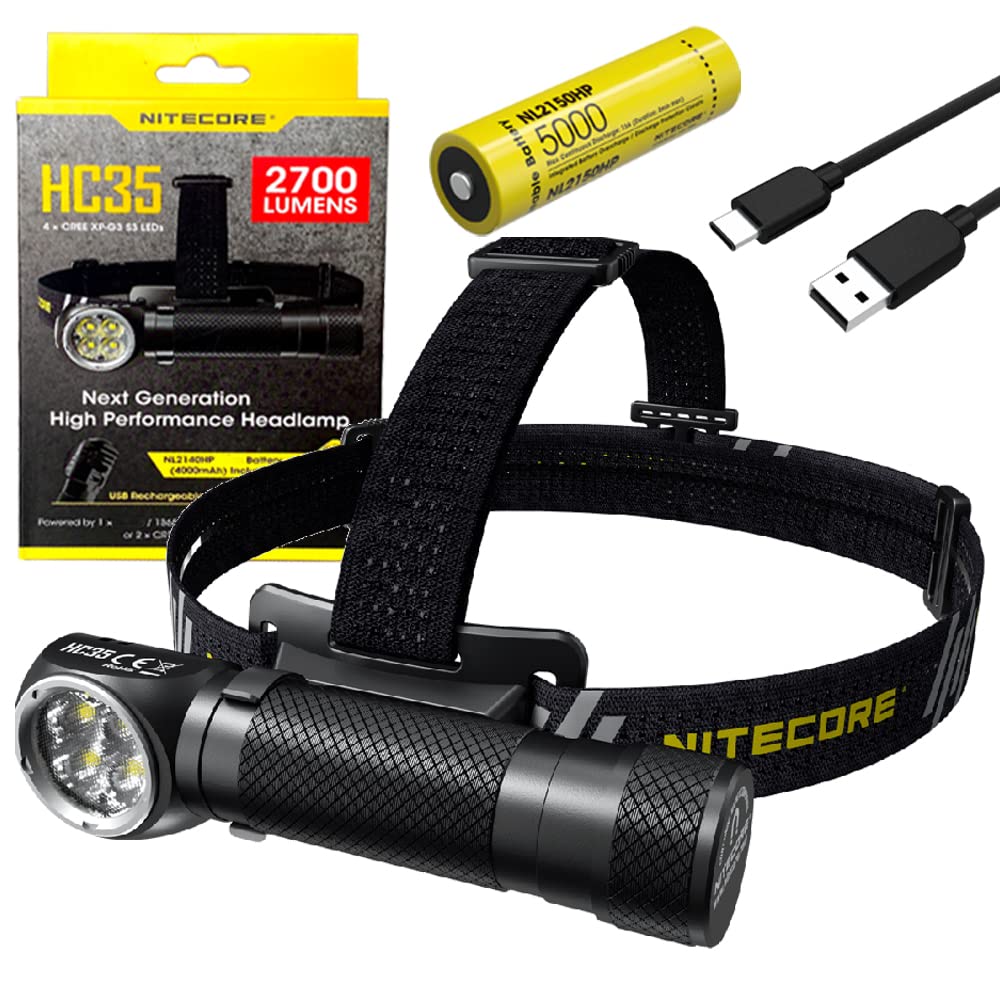 Nitecore HC35 2700 Lumen Rechargeable LED Headlamp with Battery & Micro-USB Cable - Bright Waterproof Headlight for Camping, Hiking, Running, Outdoor Adventures