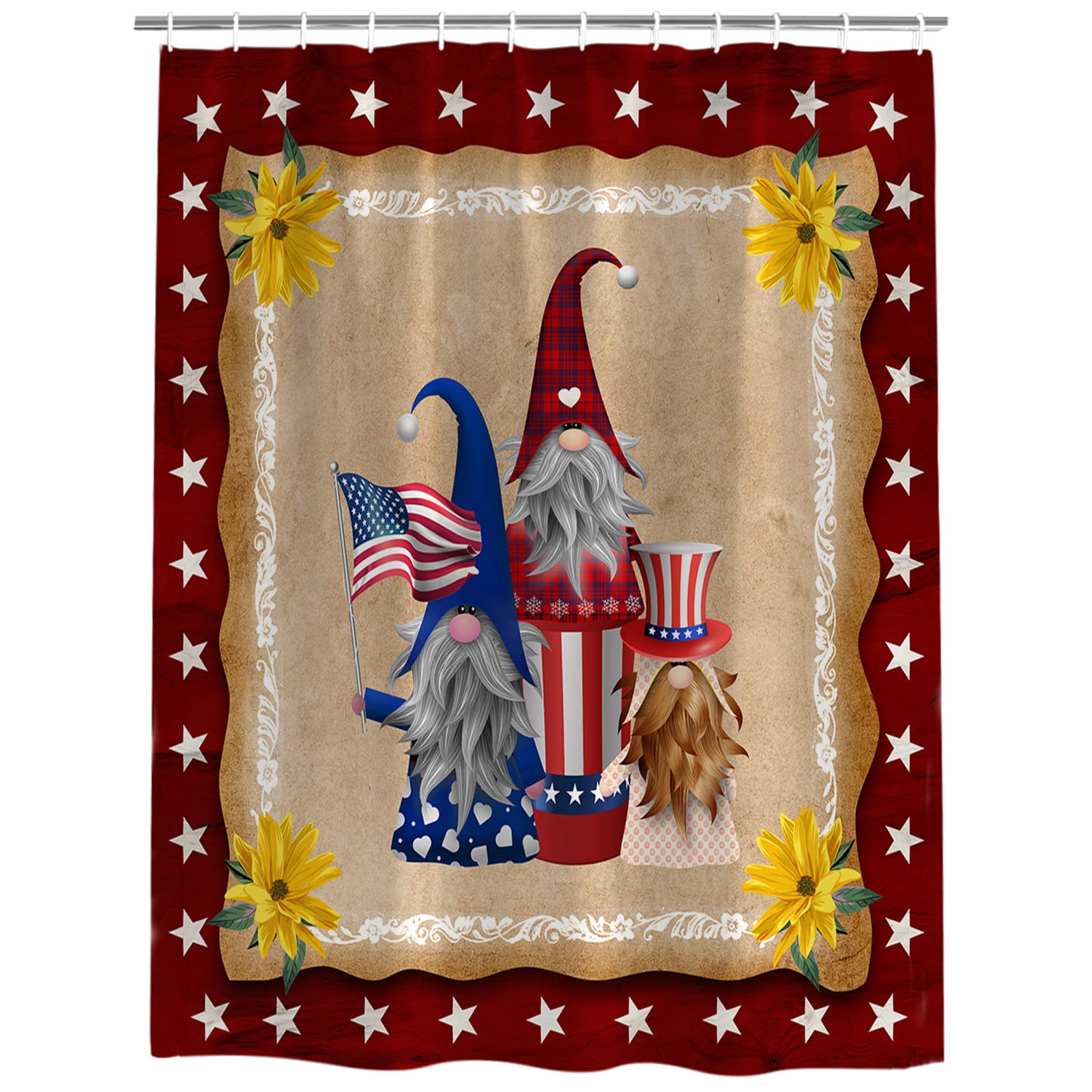 4th of July Patriotic Shower Curtain - USA Flag & Gnome Design, Waterproof Bathroom Decor with Hooks, 36