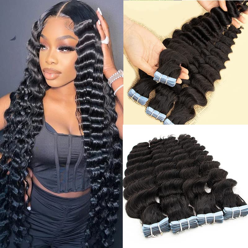 20 Inch Tape in Hair Extensions Human Hair Deep Wave - 100g 40pcs Real Remy Human Hair Weft - Brazilian Natural Black Wavy Seamless Skin Weft for Women - Invisible Adhesive Tape Hair Extensions for Daily Styling, Parties & Special Occasions