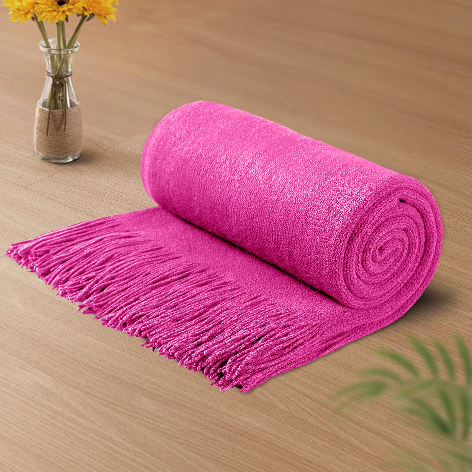 Vonty Hot Pink Knitted Blanket with Tassels Fringe 50
