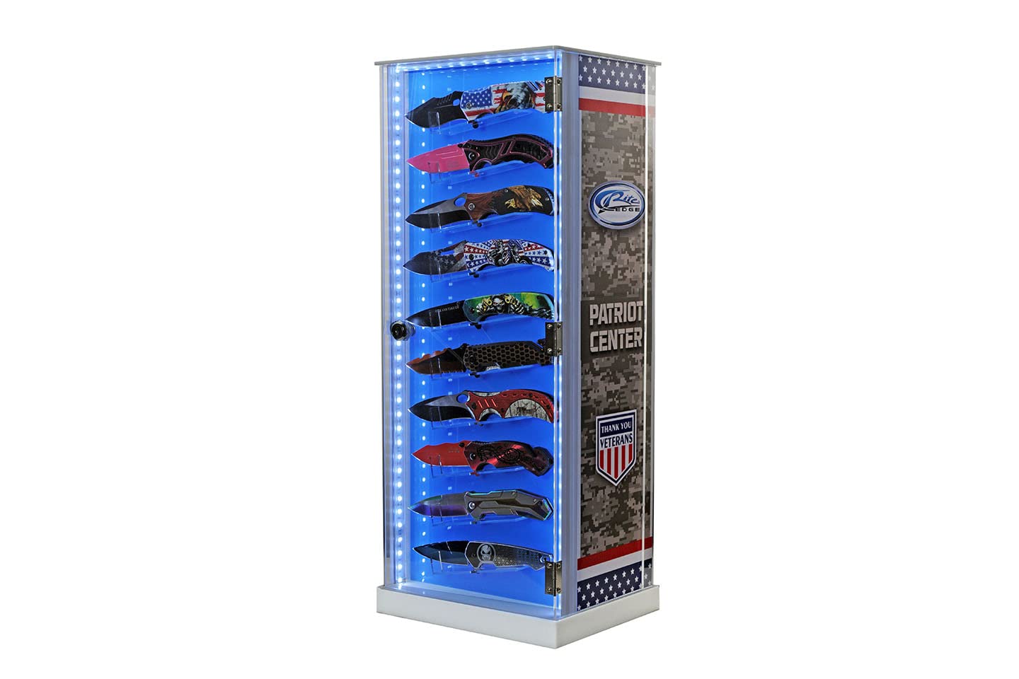 10-Piece Rotating Acrylic Knife Display Case with LED Lights - Rectangular Glass Stand Tower for Pocket Knives | Knife Organizer & Storage Cabinet with Shelves | Perfect for Retail Stores, Collections, and Home Display
