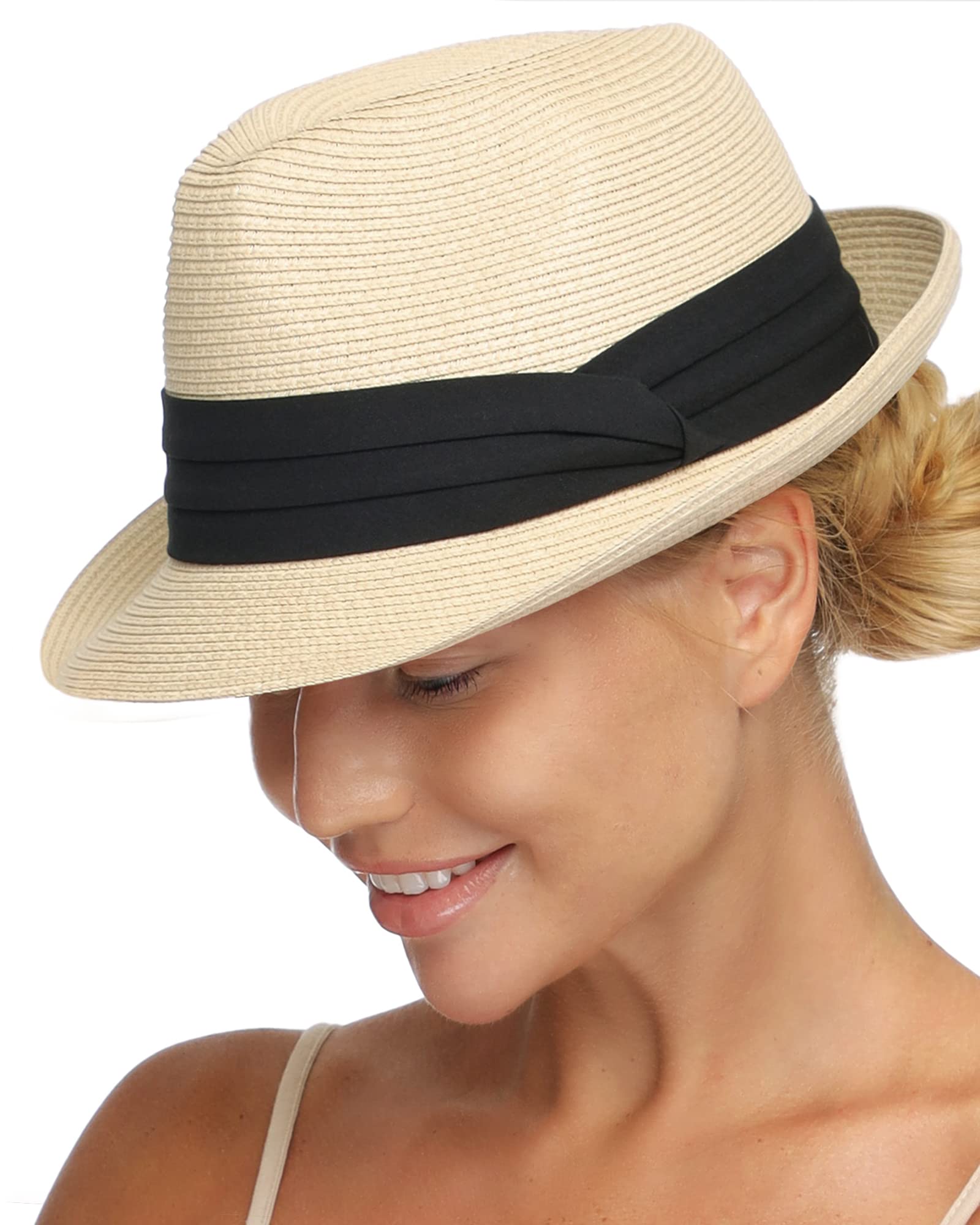 FURTALK Foldable Roll Up Fedora Straw Sun Hat for Men & Women - UPF 50+ Short Brim Trilby Panama Beach Hat for Summer Vacation, Outdoor Travel & Garden Party
