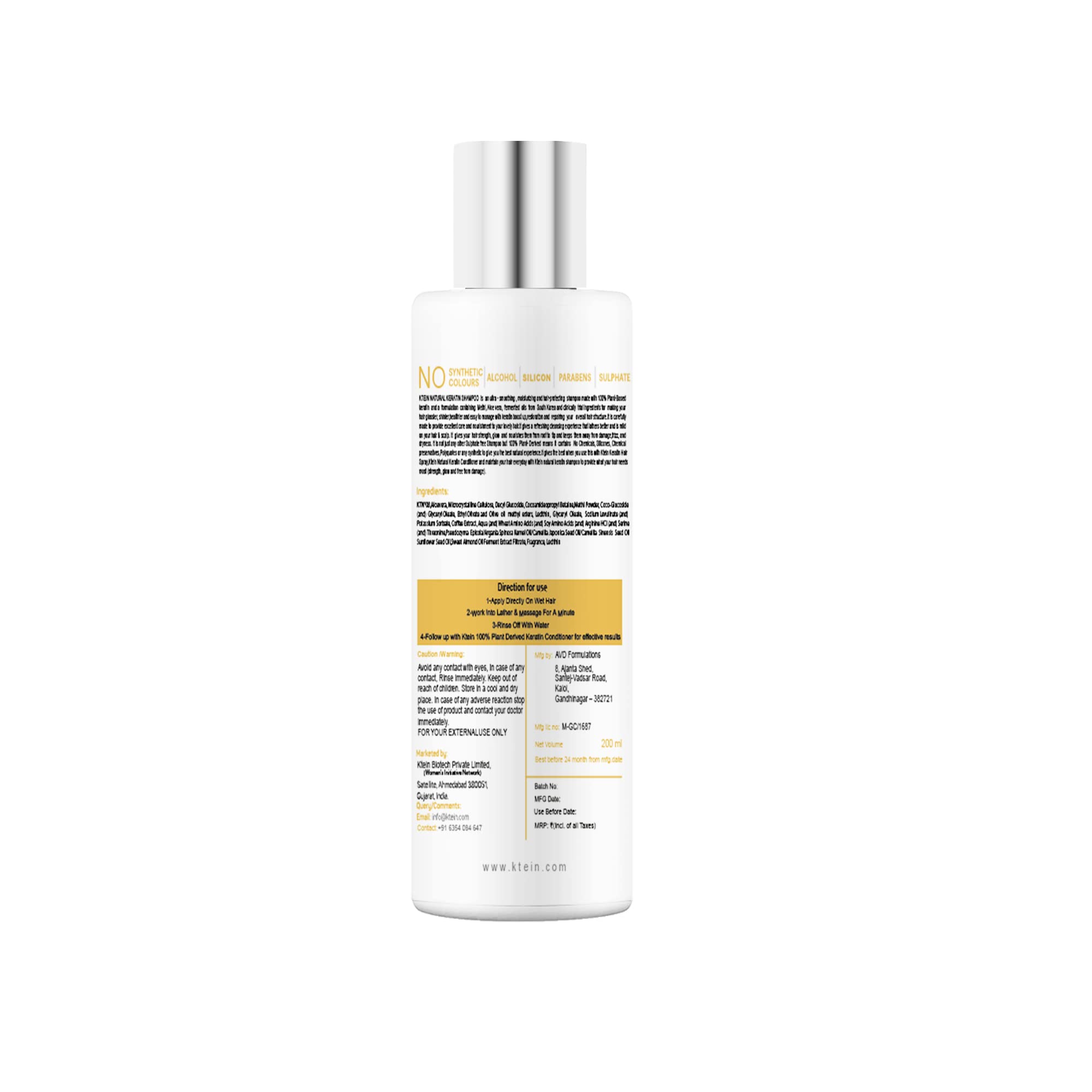 Ktein Natural 100% Plant Derived Keratin Shampoo (200ml) - Sulfate Free Hair Repair for Dry, Damaged Hair - Perfect for Daily Use & Salon Quality Results at Home