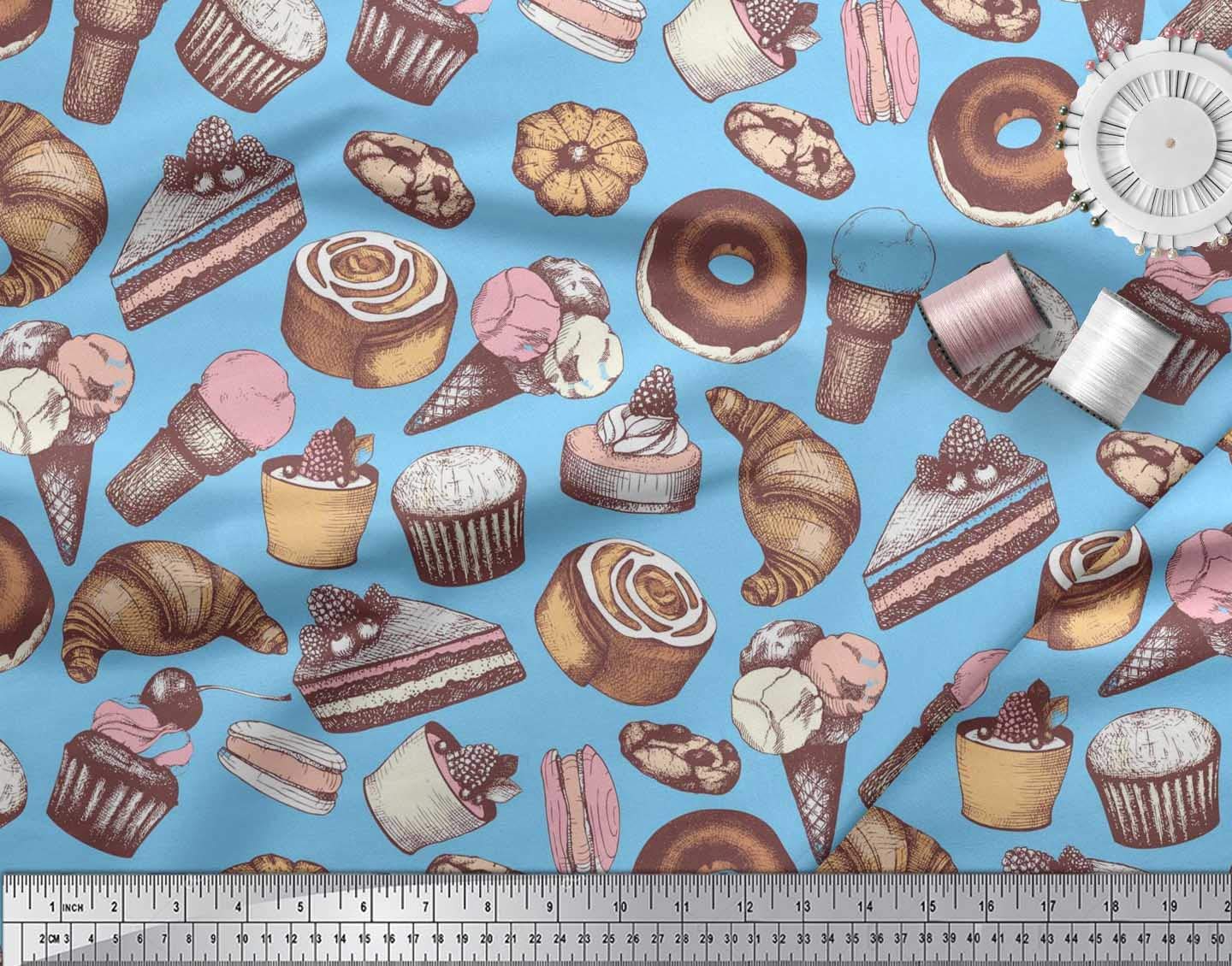 Soimoi Cotton Voile Blue Fabric by The Yard - 56 Inch Wide Cupcake Donut Cookies Print - Whimsical Food Pattern Material for DIY Crafts, Quilting, Dressmaking & Home Decor Projects