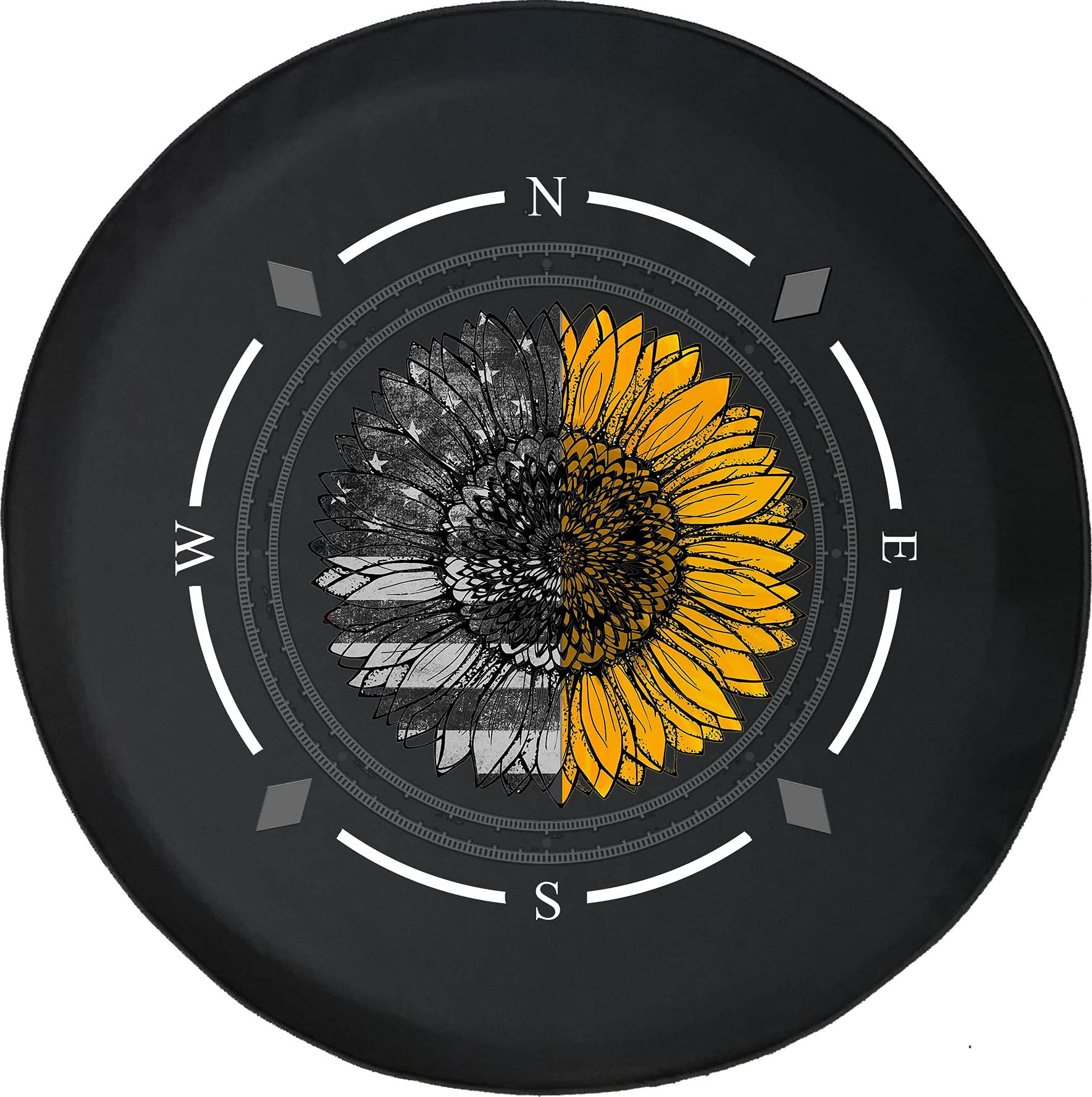 Vintage American Flag Sunflower Spare Tire Cover with Compass Design - Universal Fit for SUV, Trailer, RV & Most Vehicles - Durable Wheel Accessory for Outdoor Adventures & Road Trips